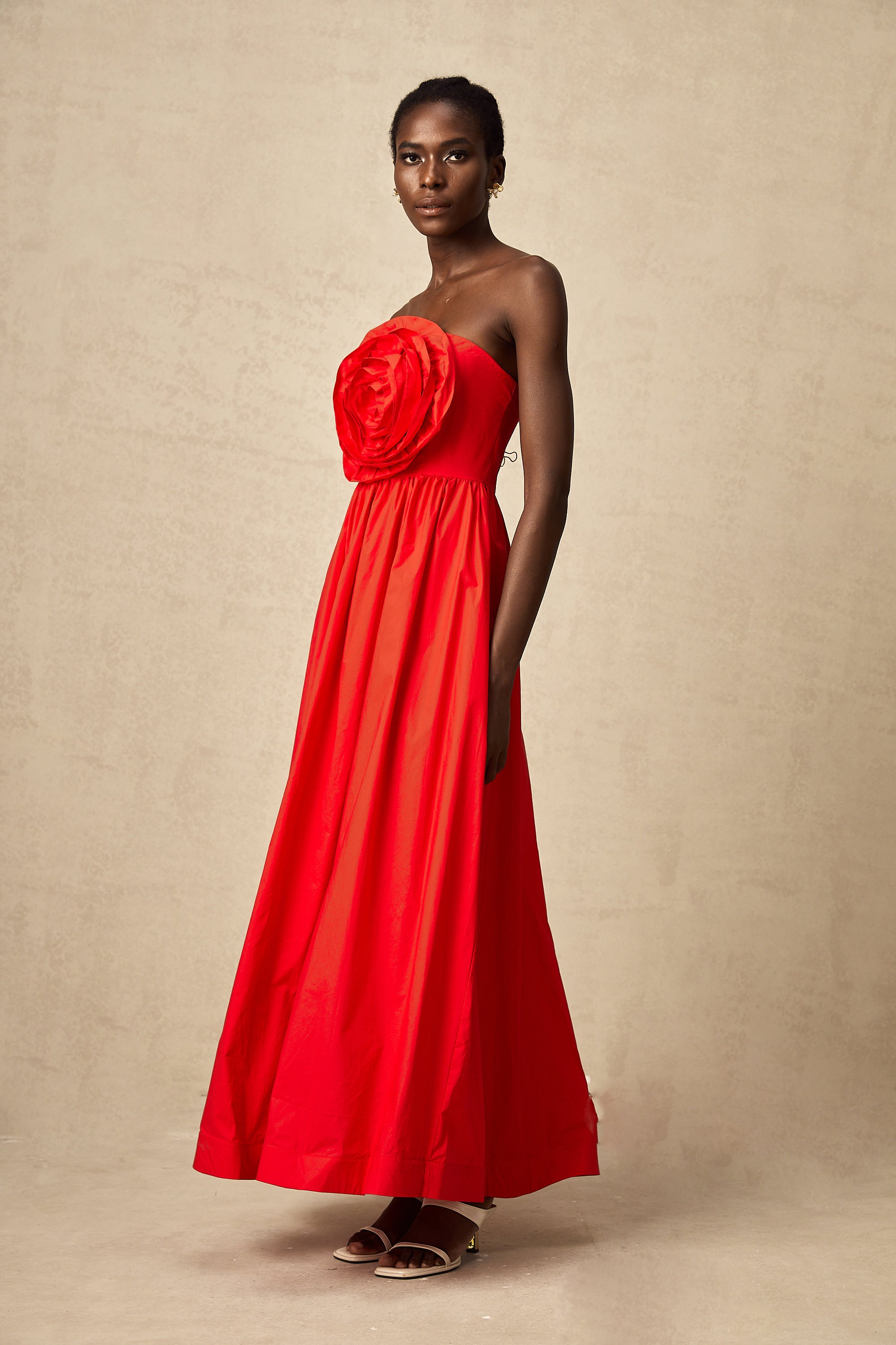 Assia red 3d-petal ruffled maxi dress