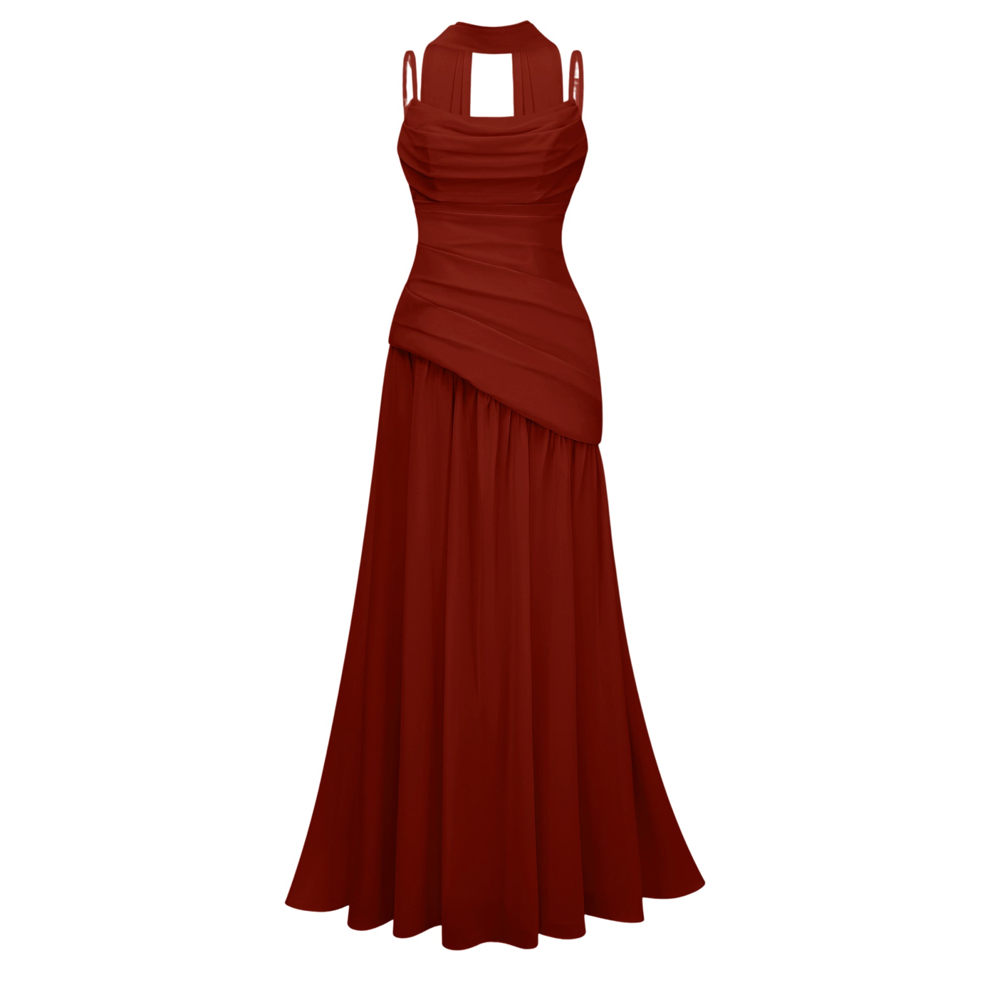 Romane Burgundy Strapless Corset Chiffon Maxi Dress