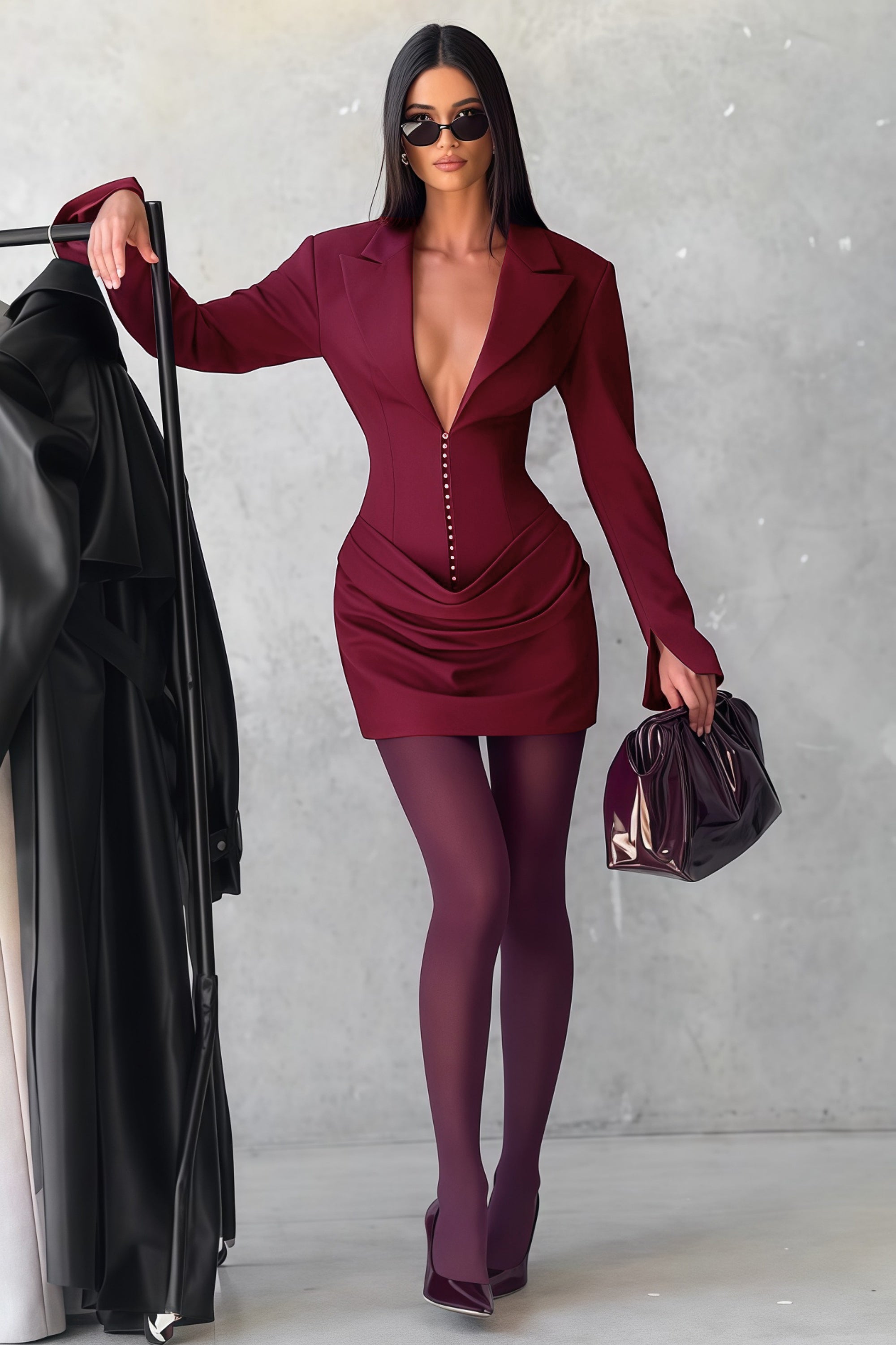 Rosette Burgunderfarbenes Blazer-Minikleid mit Raffungen