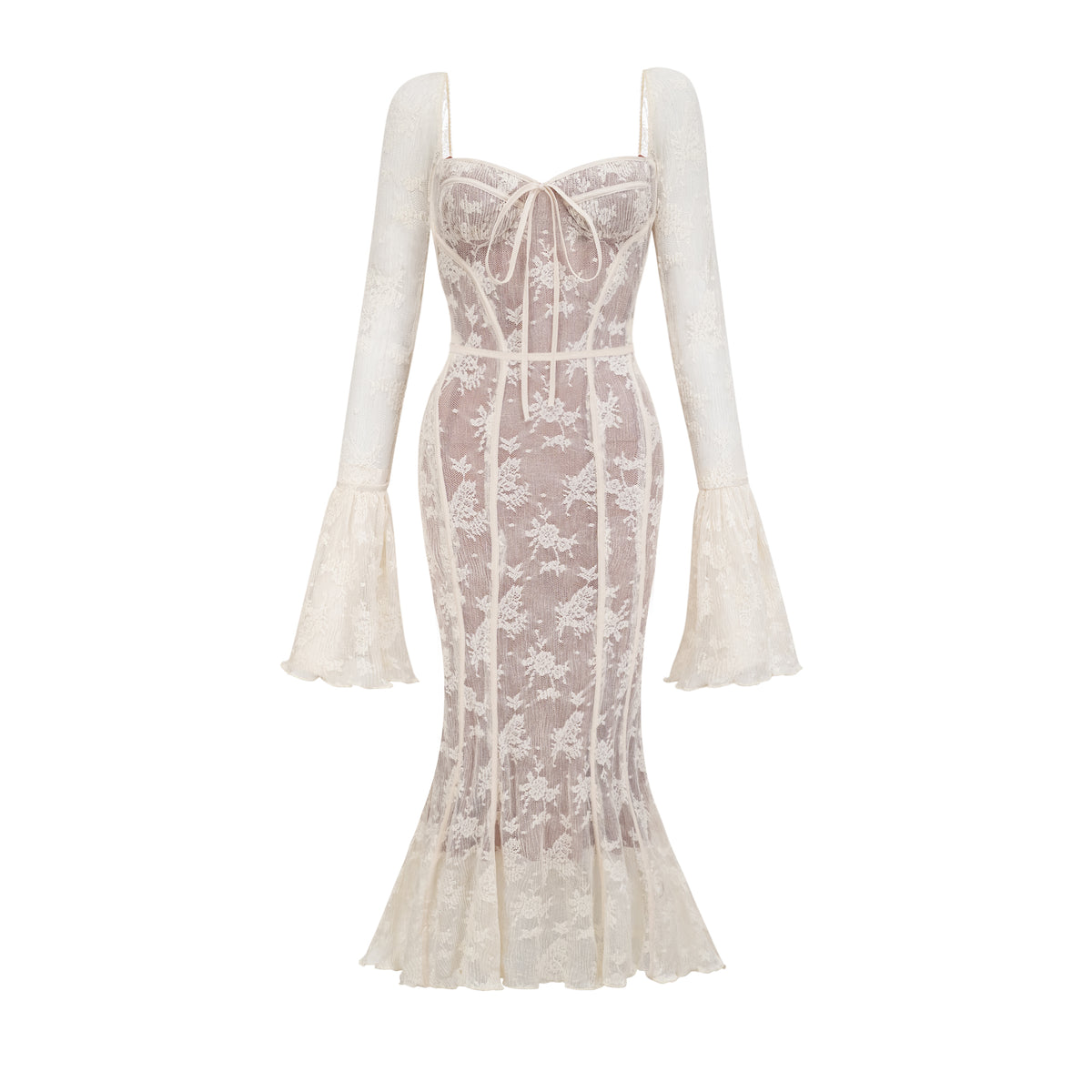 Bohemian Style White Long Boho Dress With Sleeves Marlene White Flared Lace Maxi Dress, S White Bohemian Style White Long Boho Dress With Sleeves Marlene White Flared Lace Maxi Dress, S White