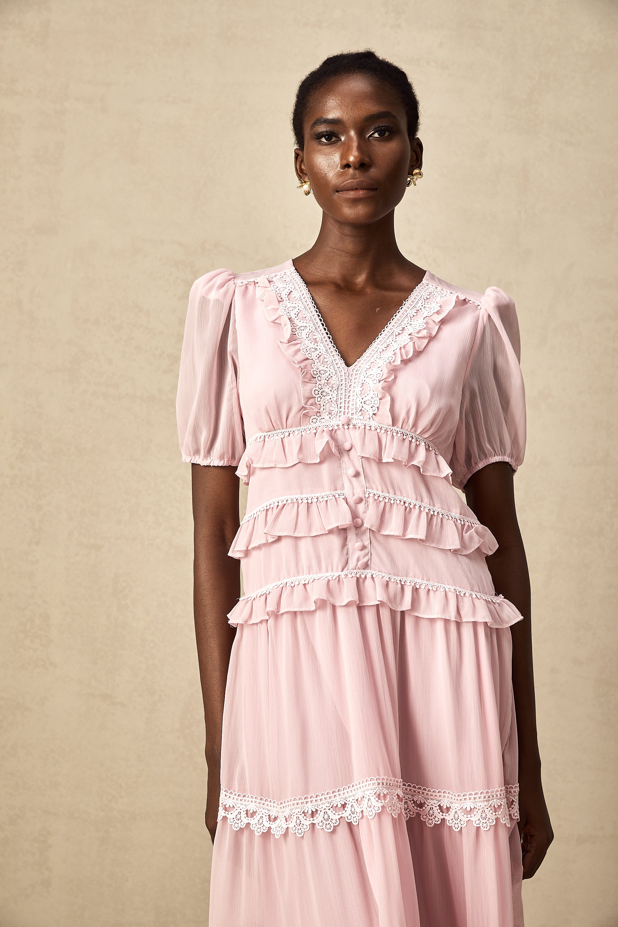 Amelie pink ruffled tiered midi dress