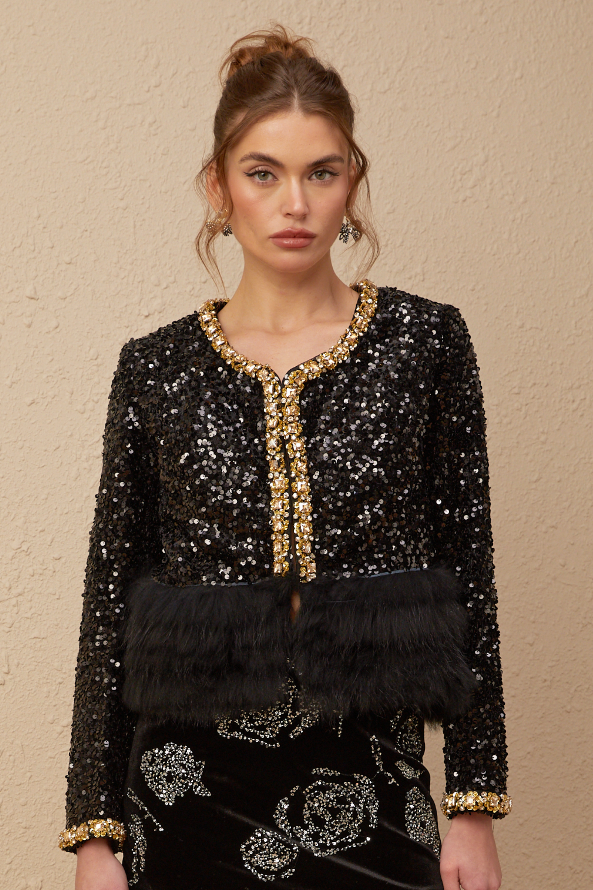 Benedetta black down-feather-padded sequined fur jacket