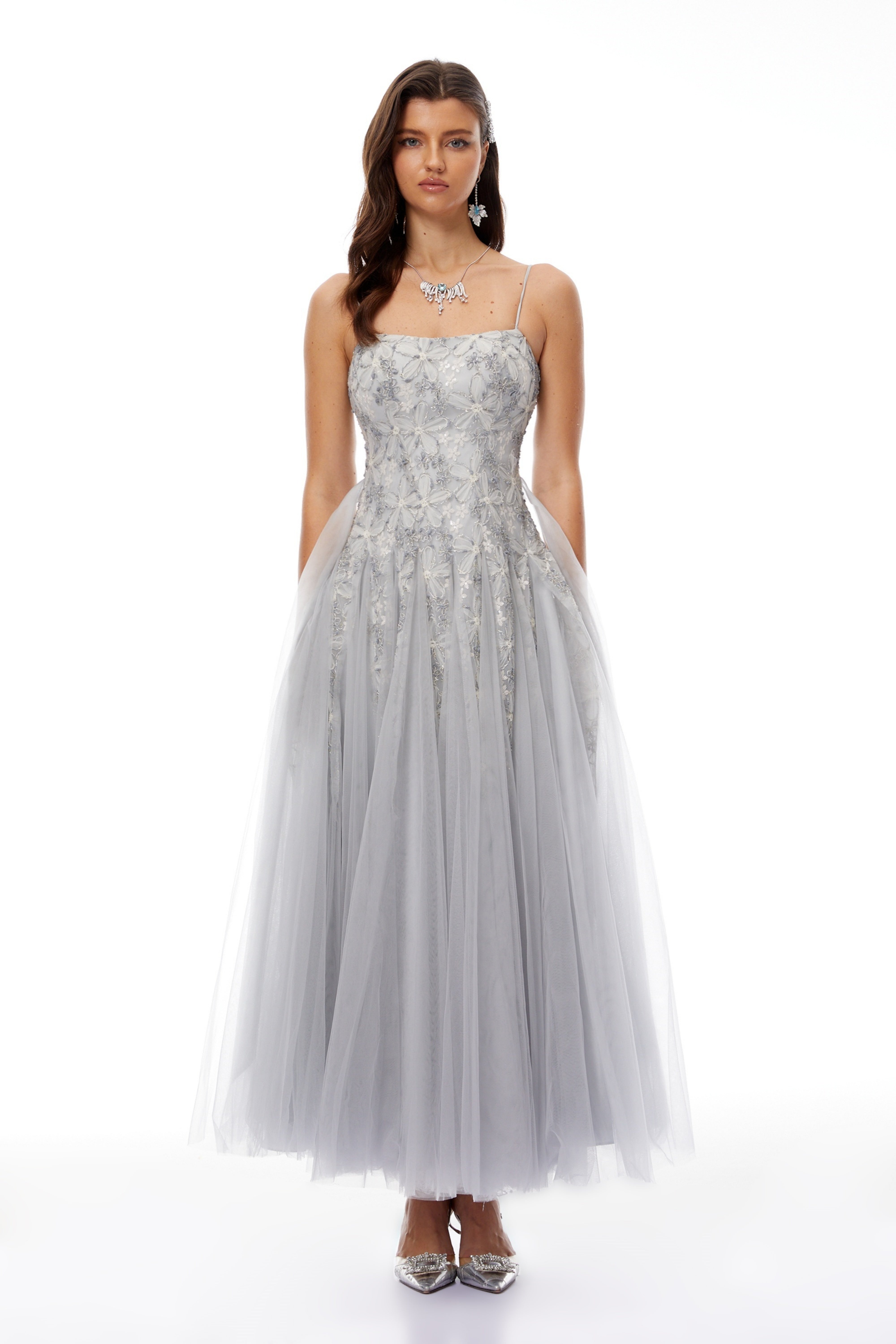 Adalynn Grey Floral Embroidered Tulle Maxi Dress