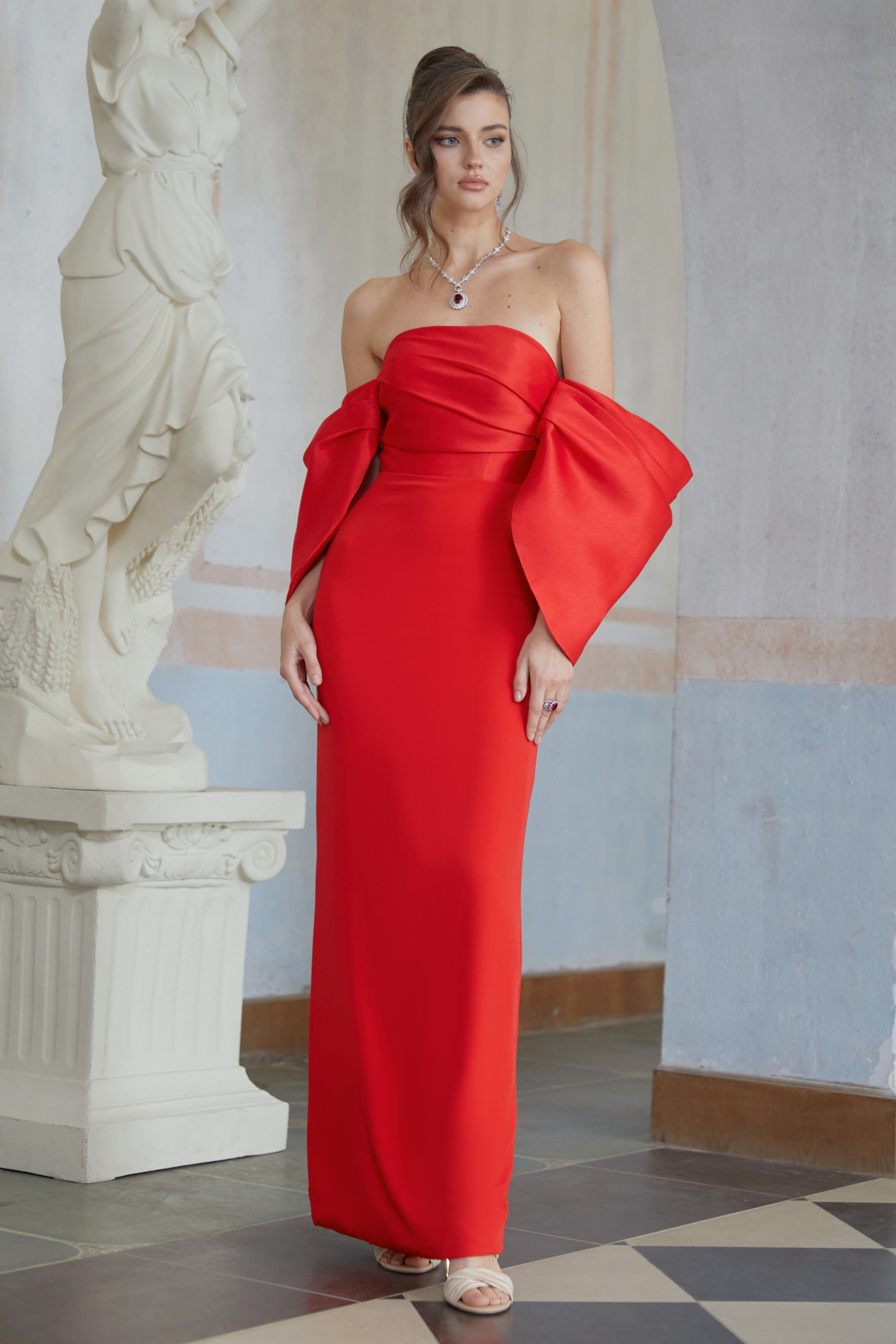 Verity Red Off Shoulder Gathered Maxi Gown