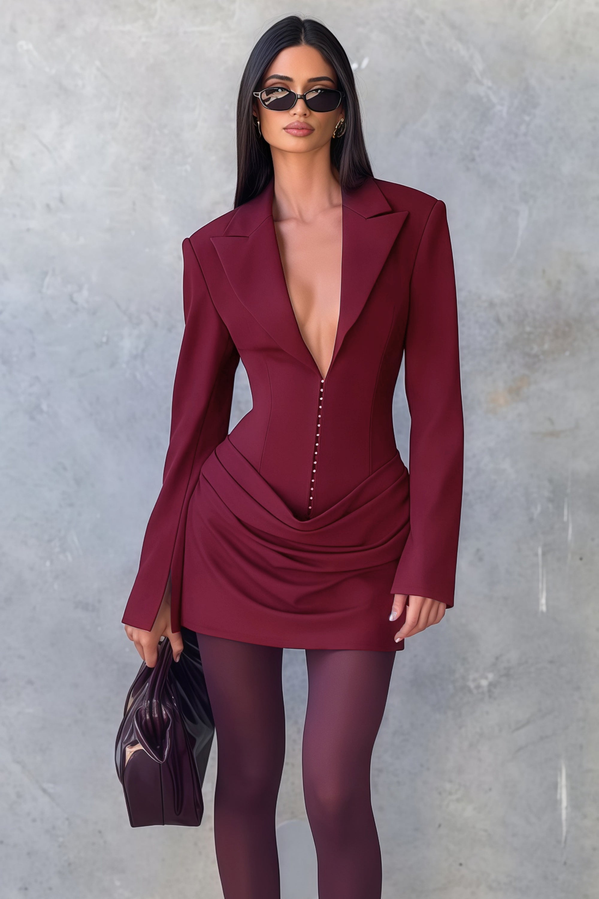 Rosette Burgundy Ruched Blazer Mini Dress