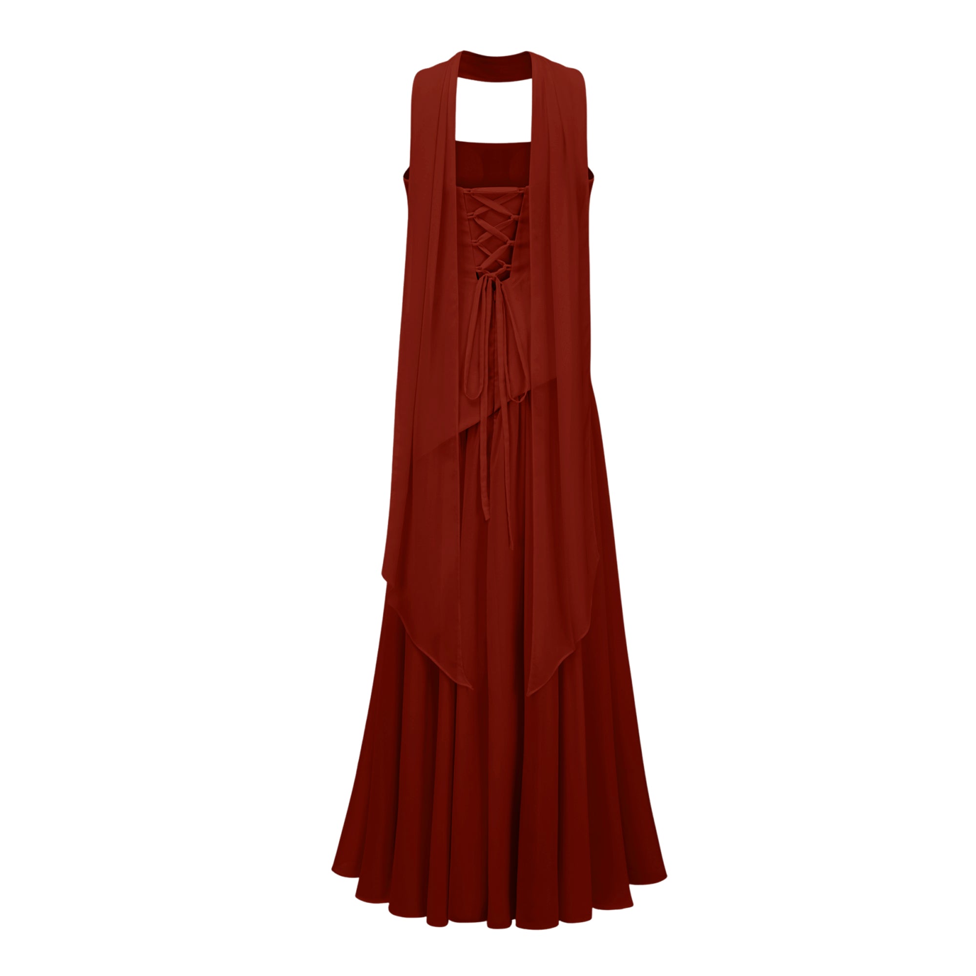 Romane Burgundy Strapless Corset Chiffon Maxi Dress