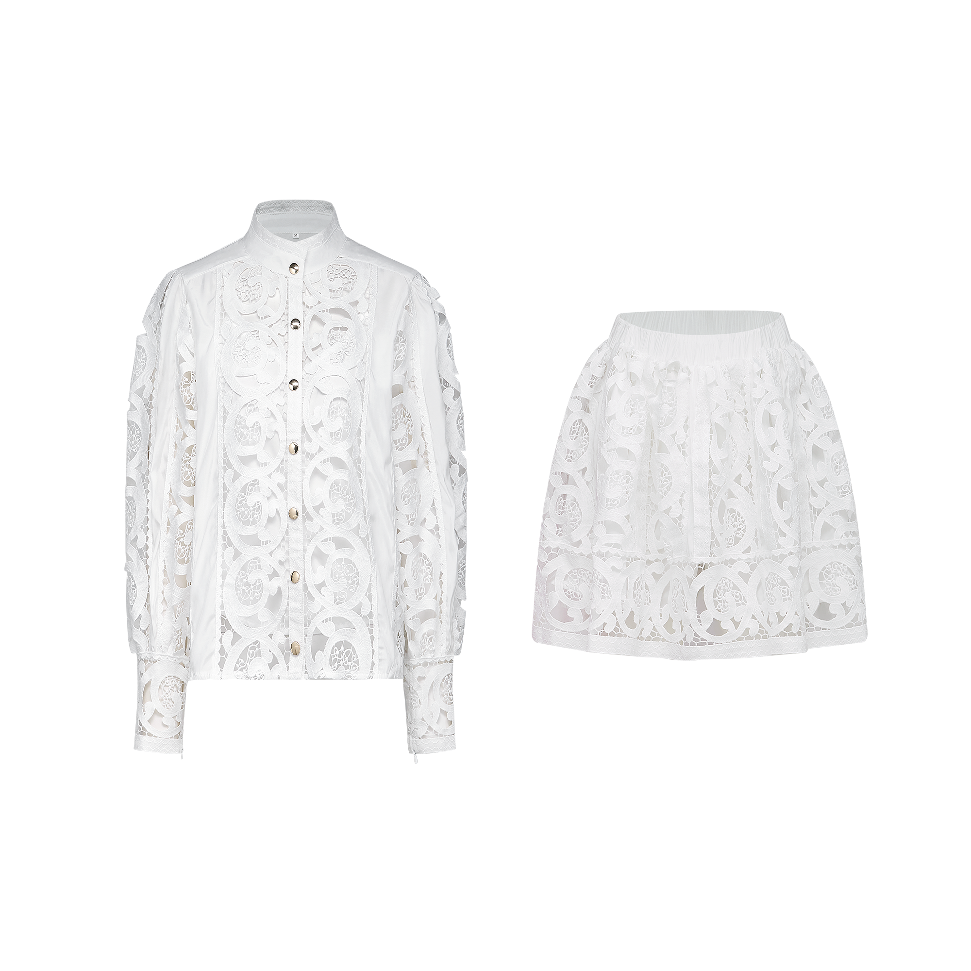 Marie lace-floral embellished shirt & skirt matching set