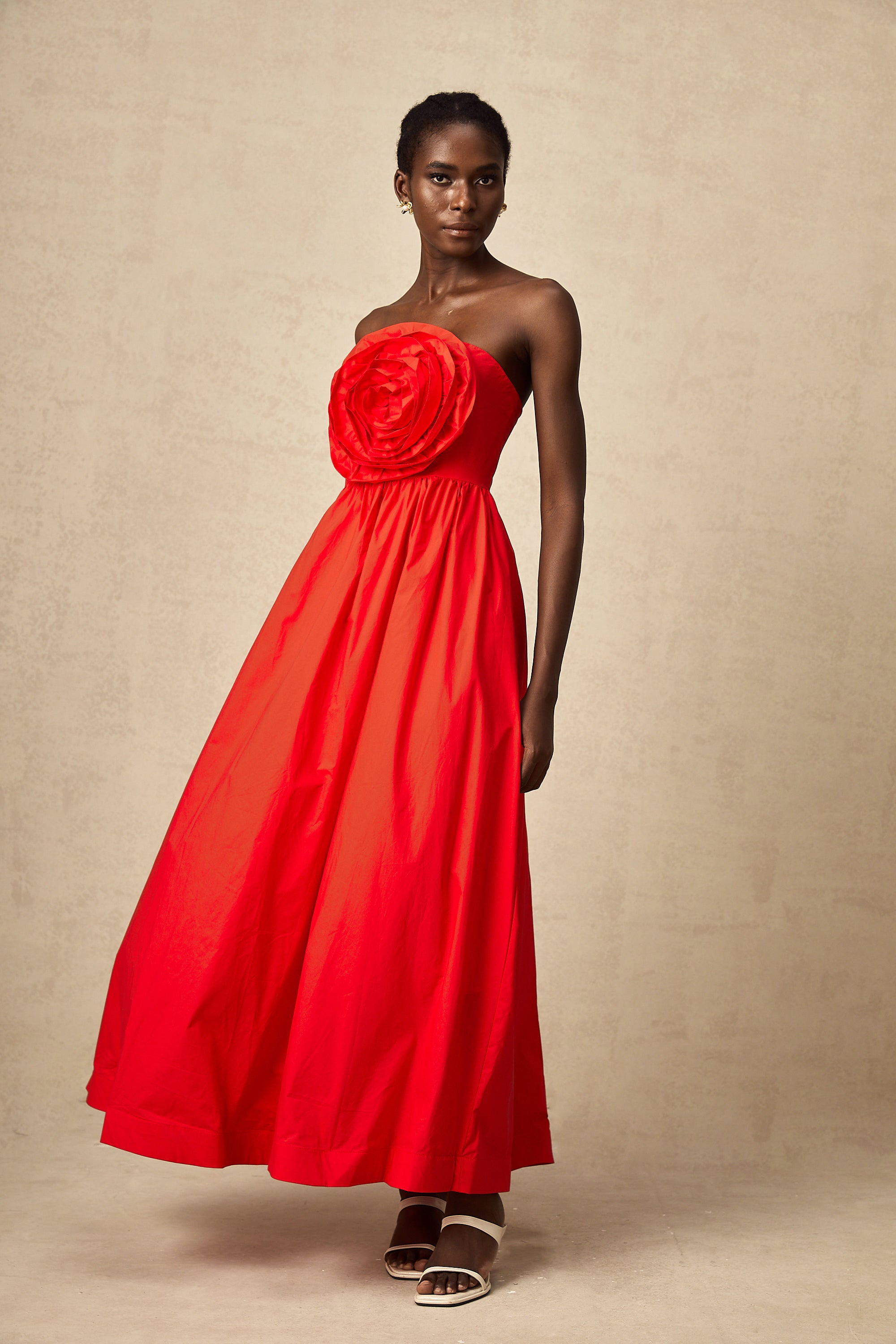 Assia red 3d-petal ruffled maxi dress