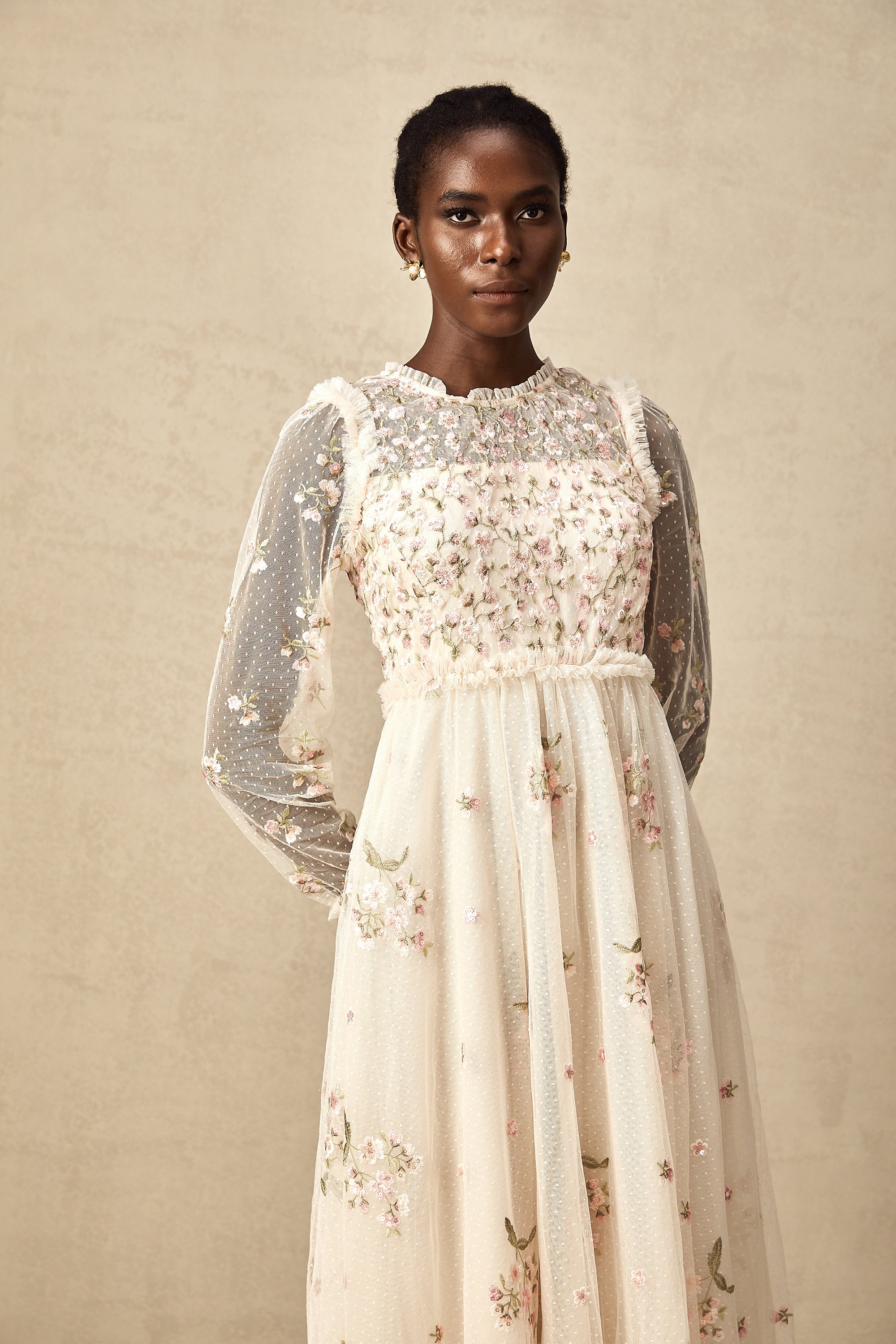 Celine floral-embroidery tulle midi dress