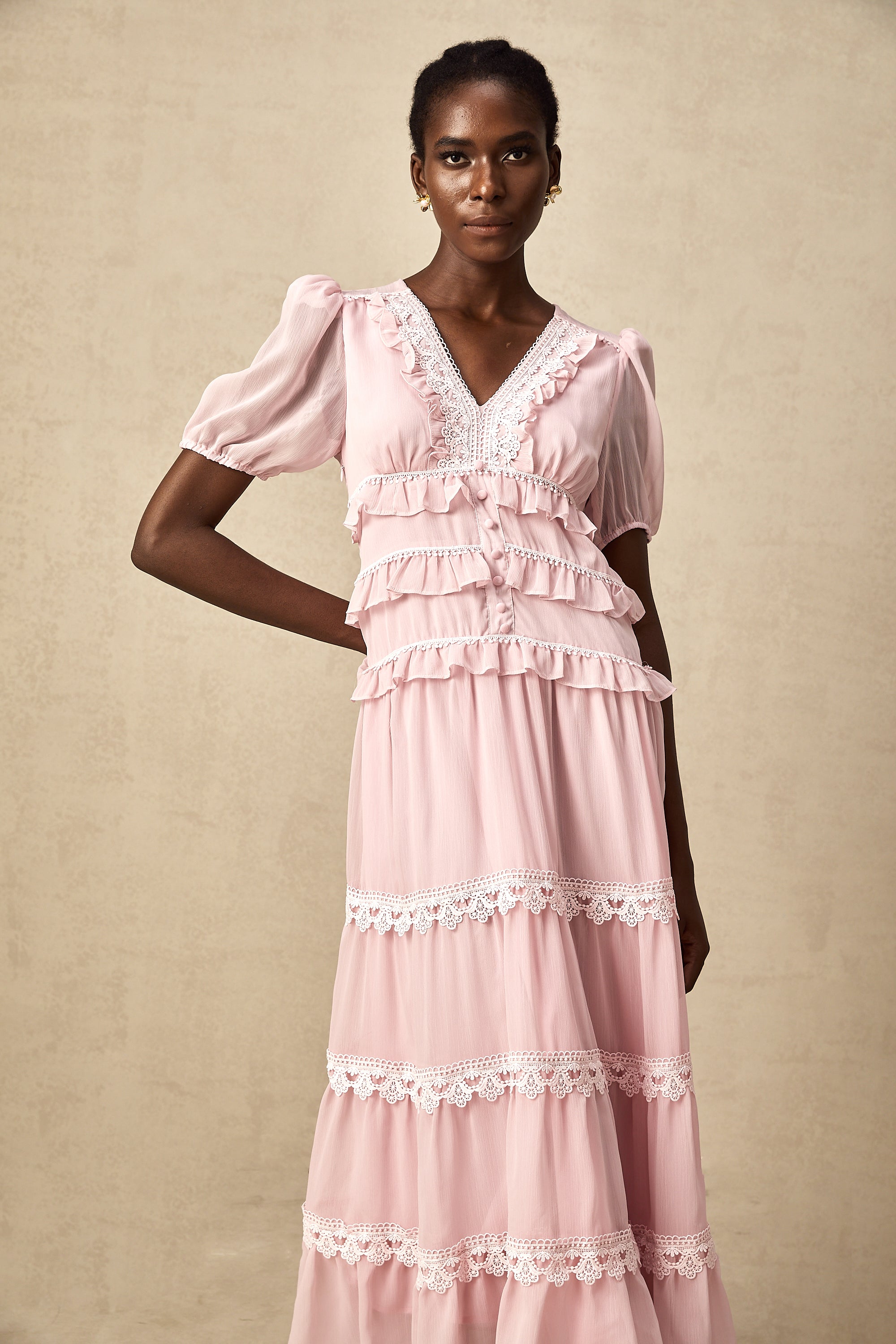 Amelie pink ruffled tiered midi dress