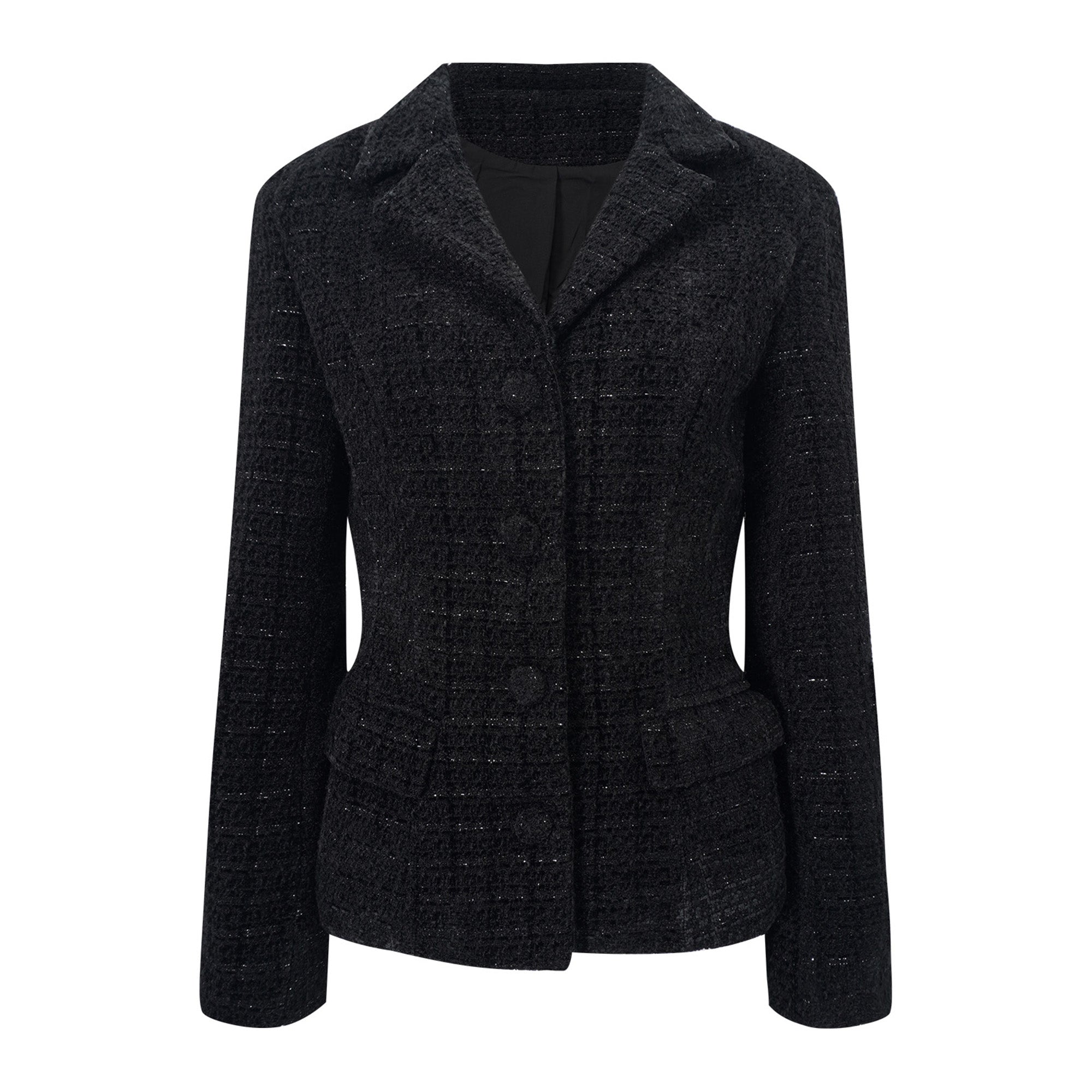 طقم جاكيت من التوييد الأسود و تنورة ساتان من أريادنا