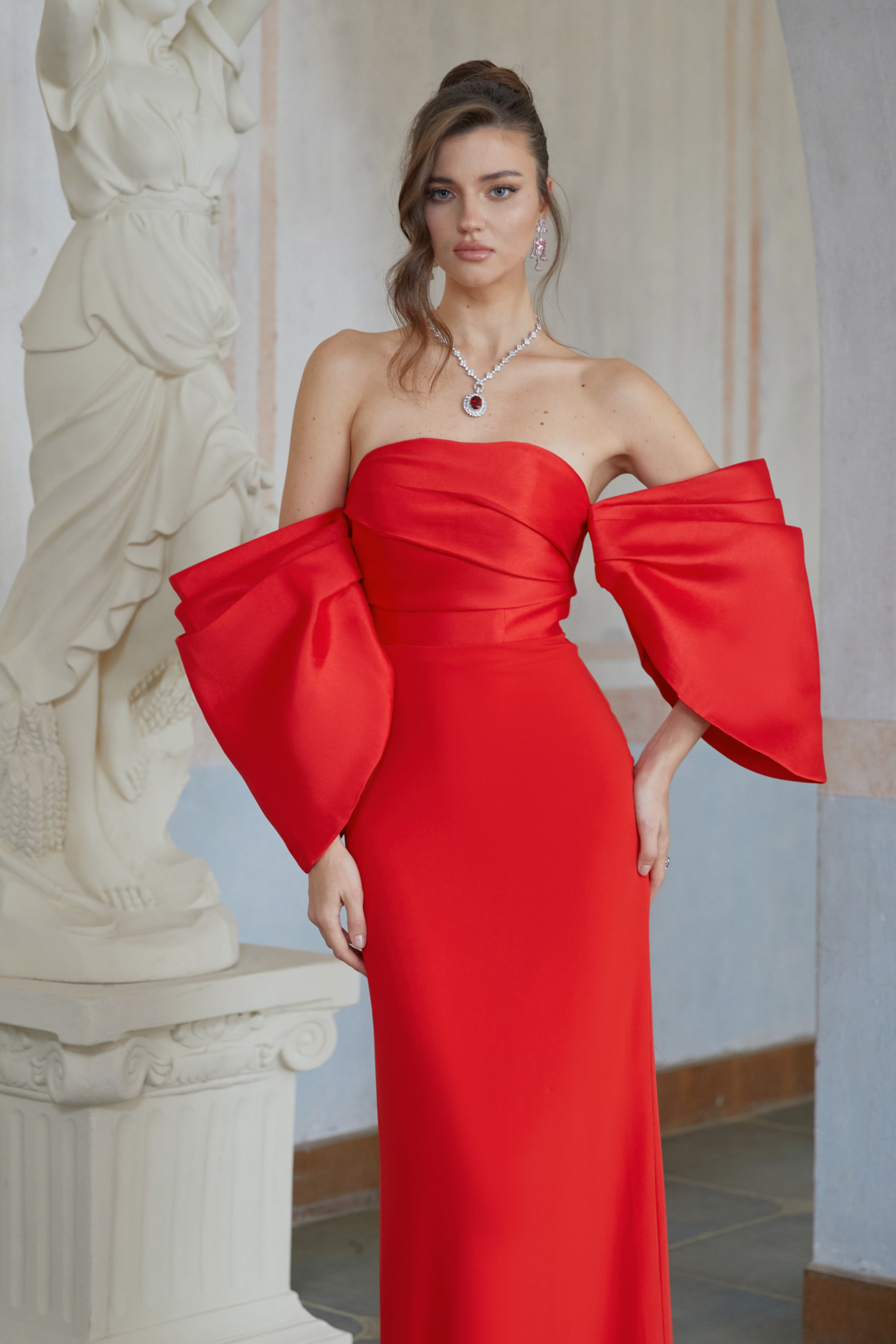 Verity Red Off Shoulder Gathered Maxi Gown