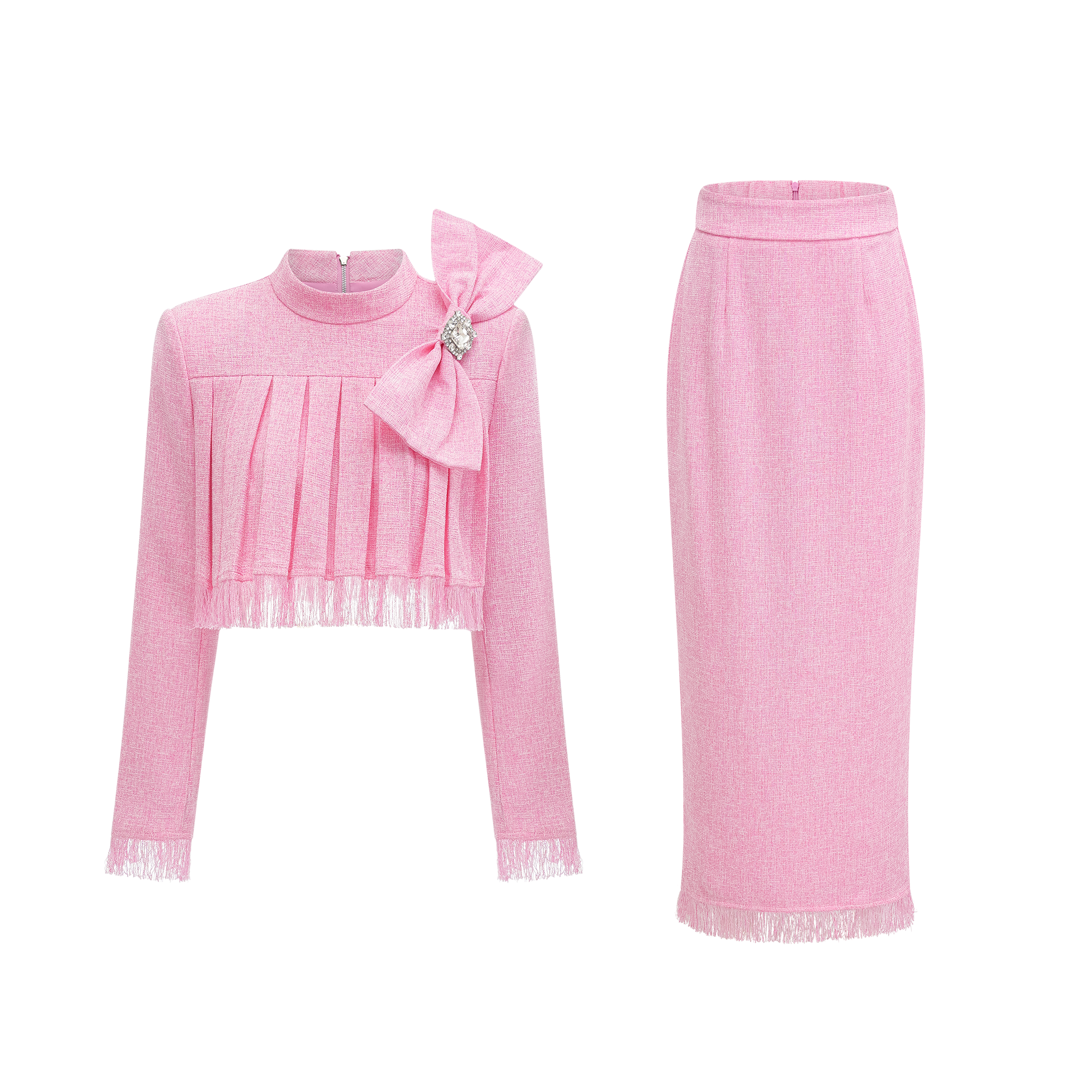 Gabrielle tassel-trim pleated top & skirt matching set