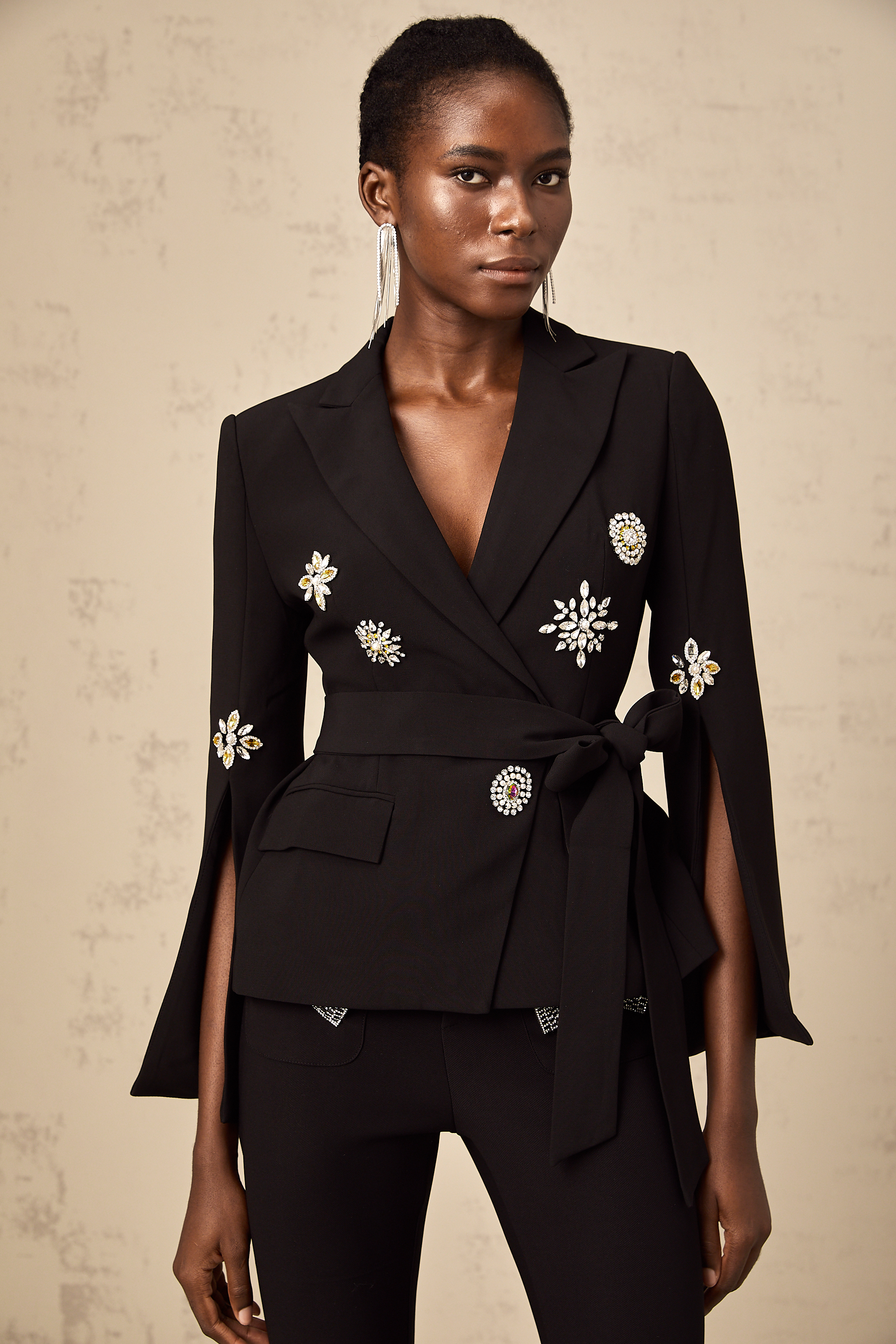 Geltrude black self-tie crystal-embellished blazer