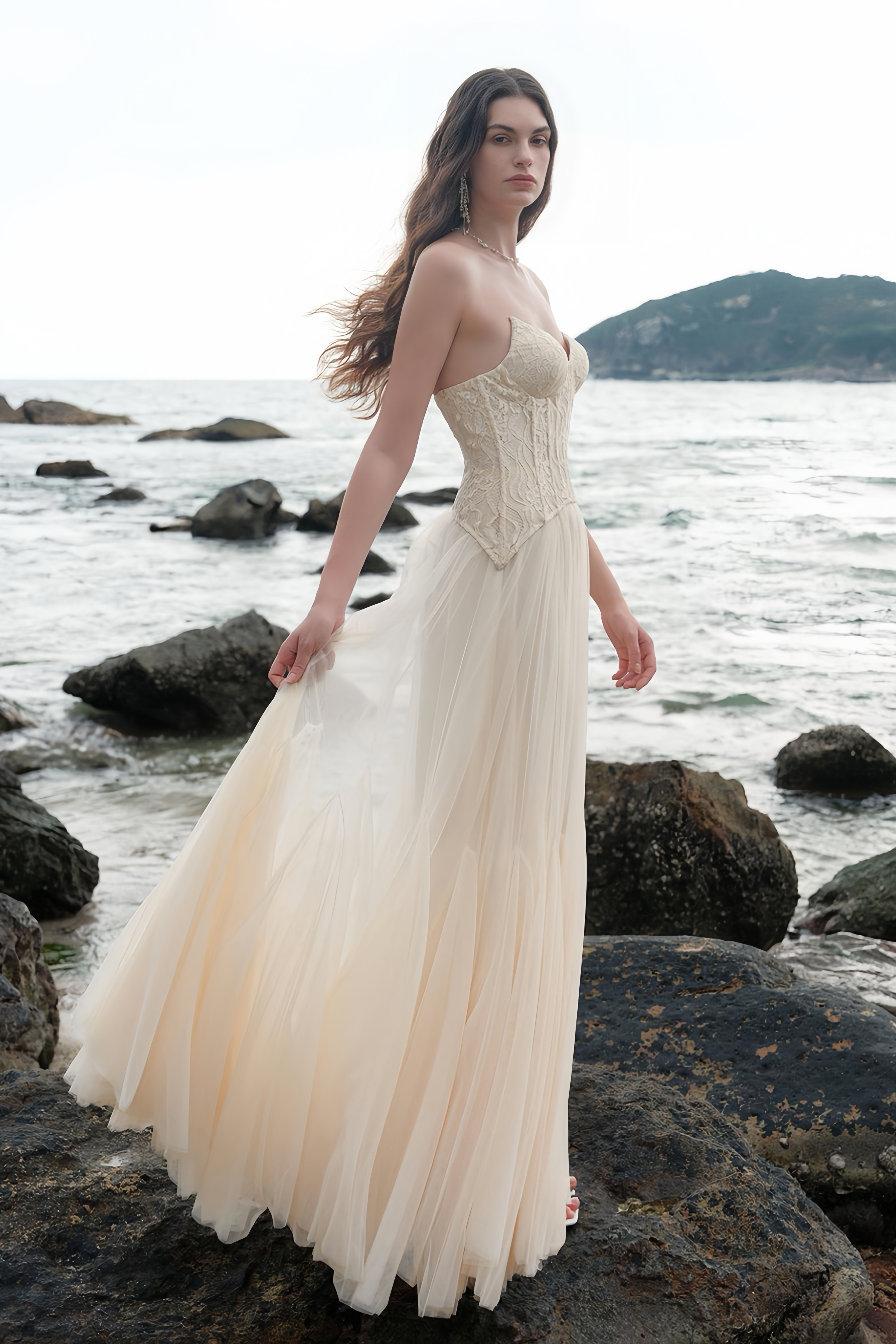 Ulrique Beige Lace Corset Tulle Maxi Dress