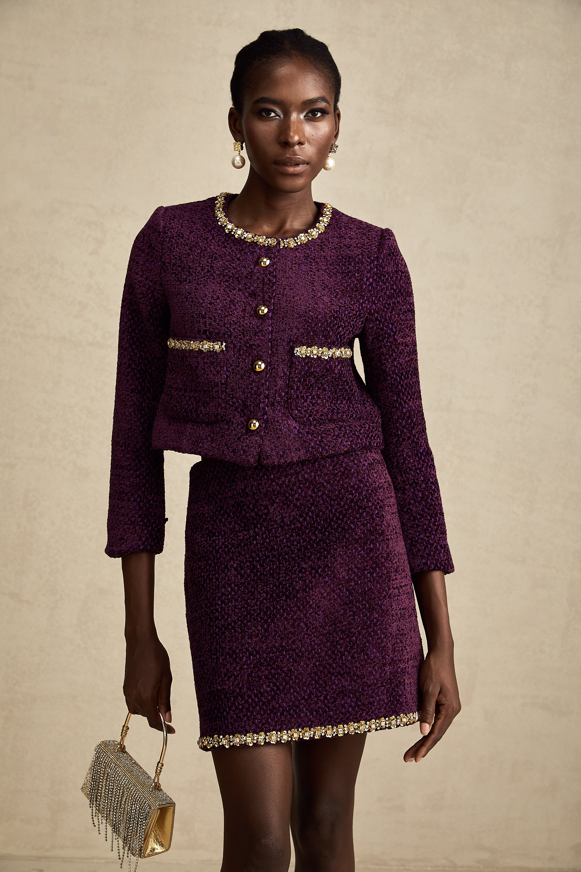 Elise purple crystal-trim tweed cardigan & skirt matching set