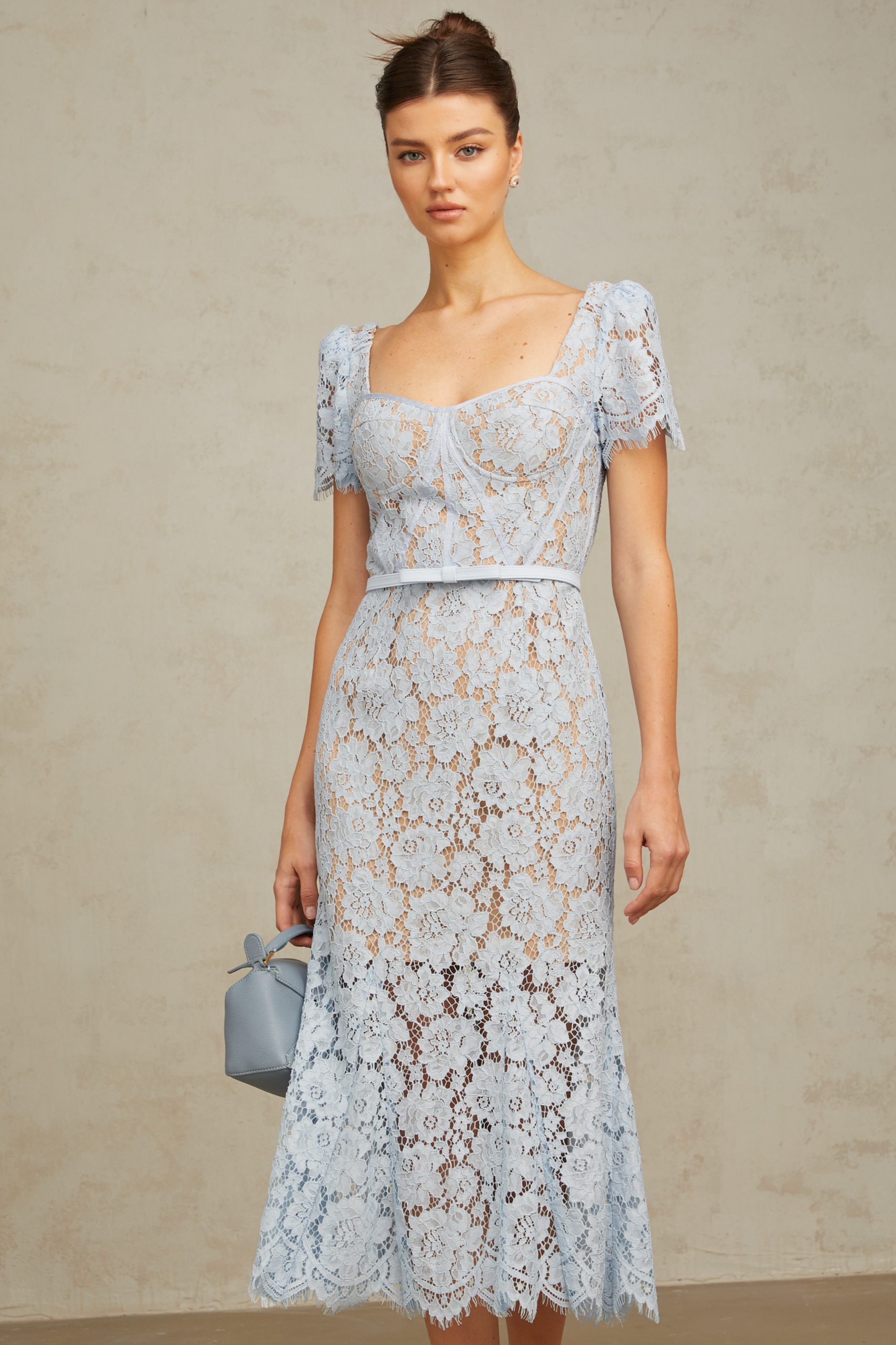 Audrey blue floral-lace boned midi dress