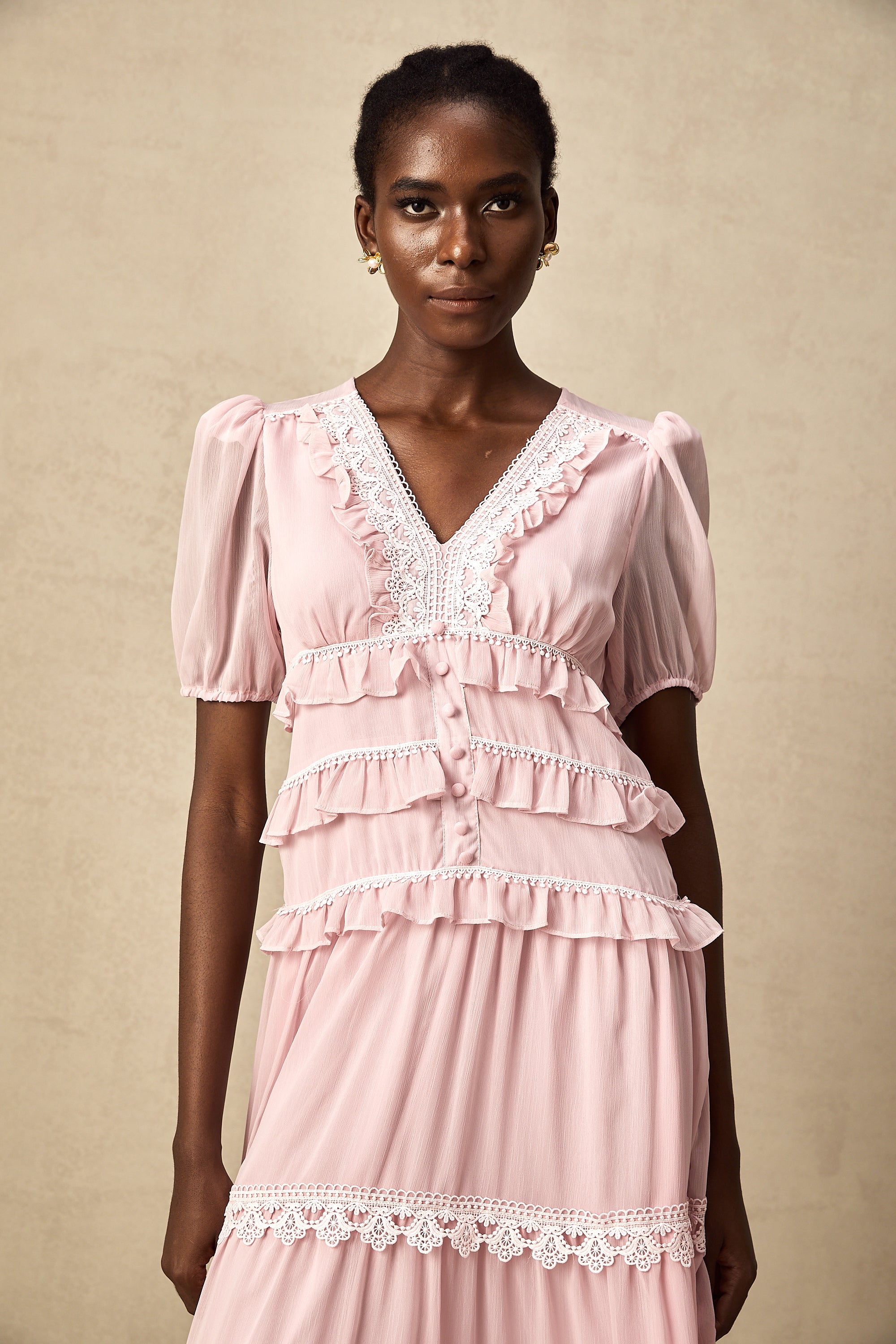 Amelie pink ruffled tiered midi dress