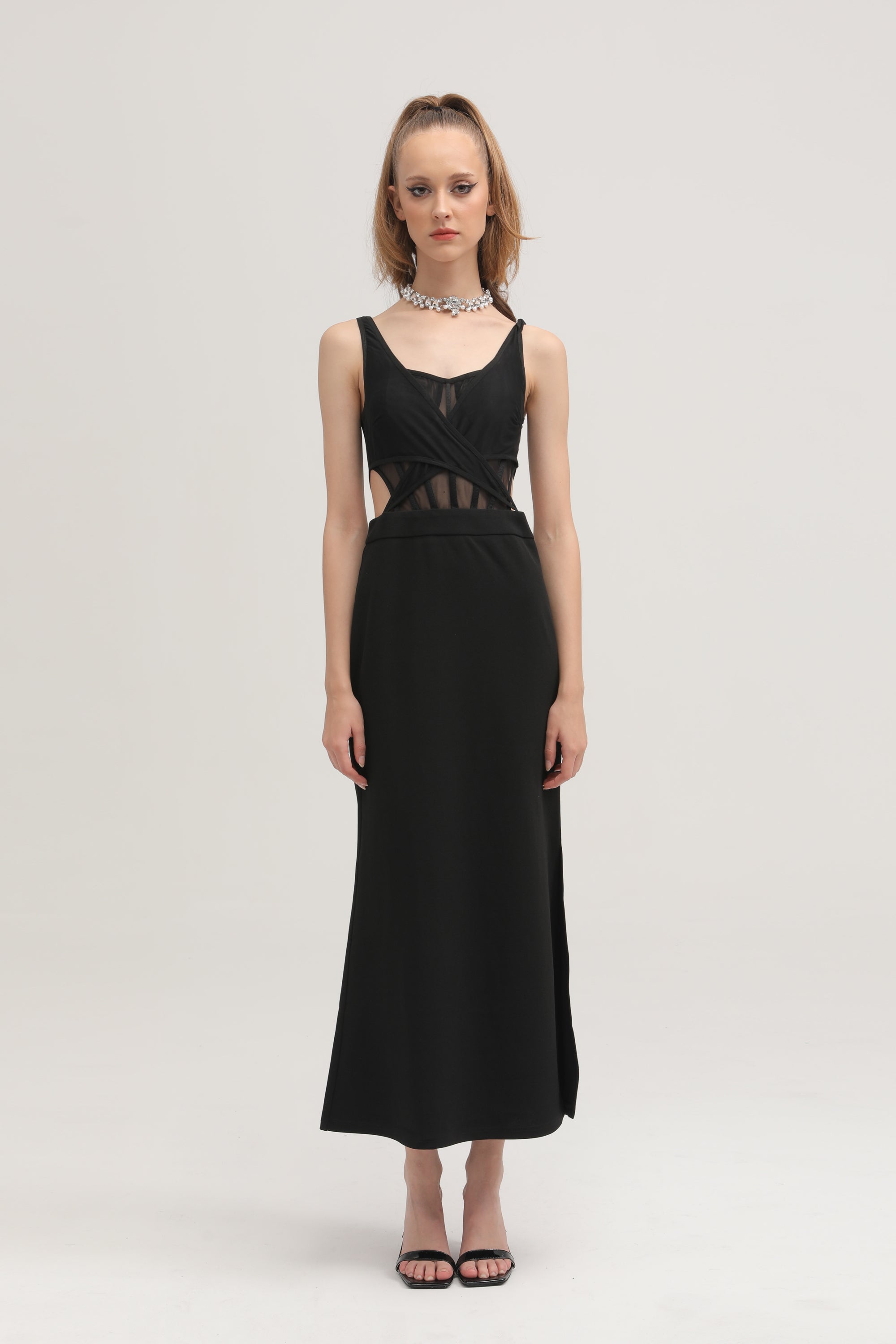 Amelie black semi-sheer midi dress