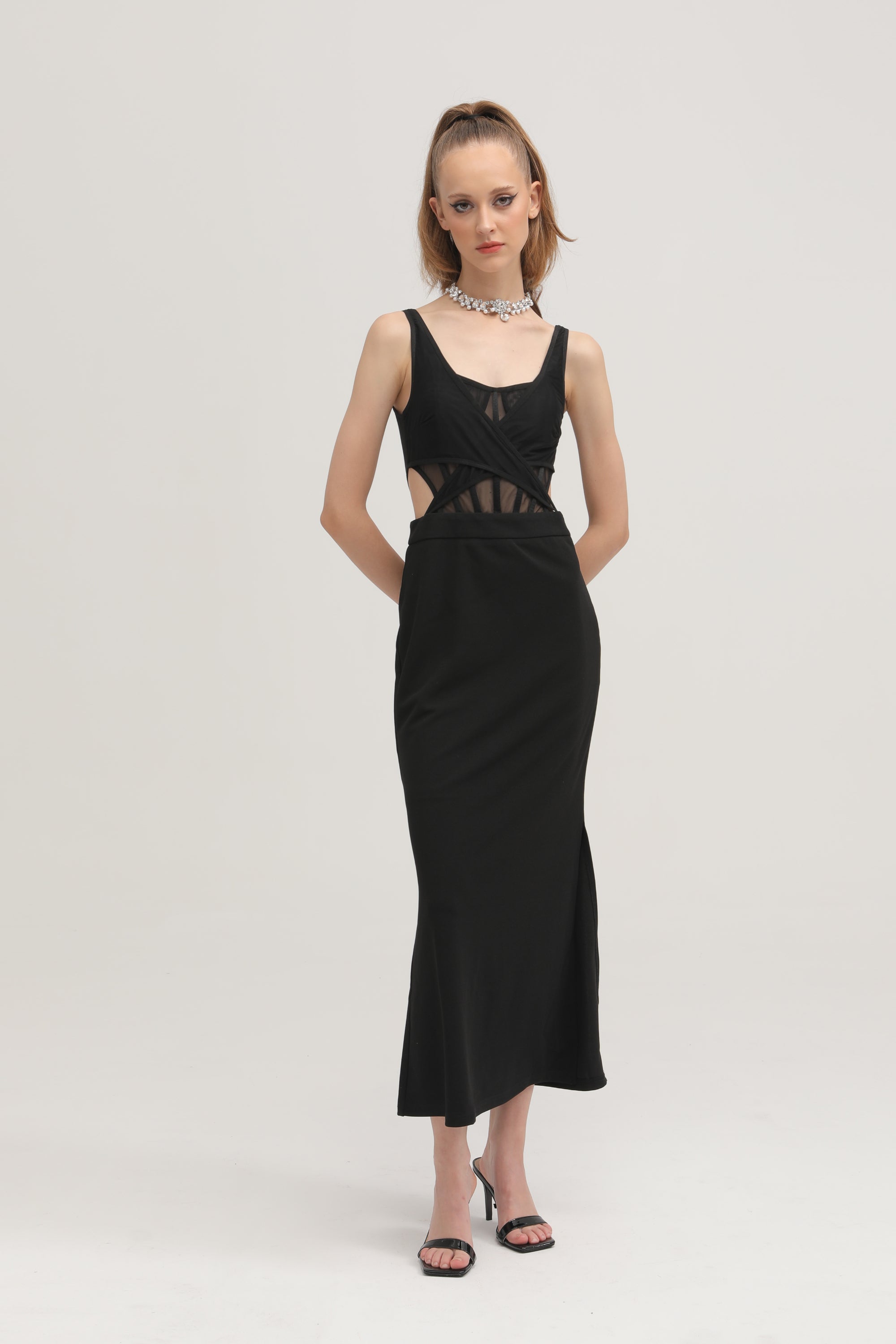 Amelie black semi-sheer midi dress