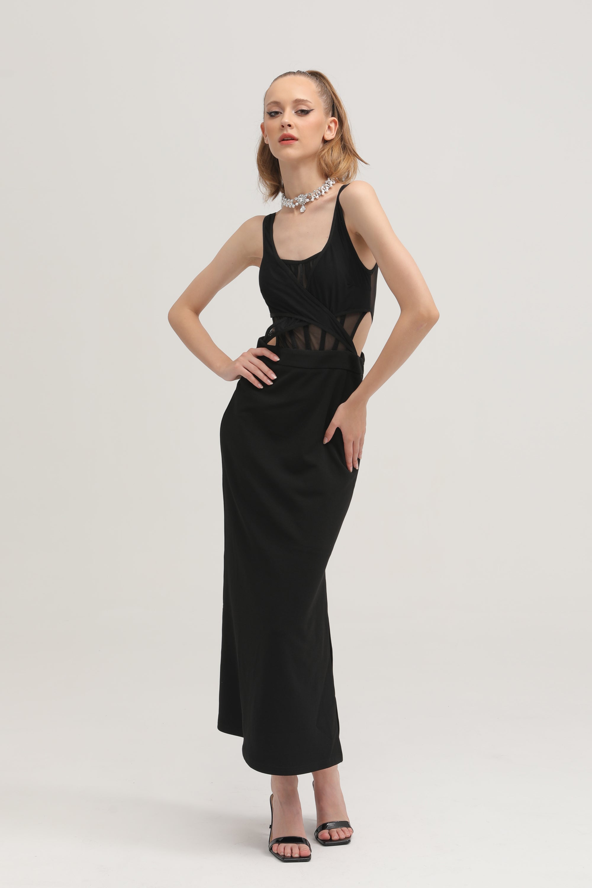 Amelie black semi-sheer midi dress