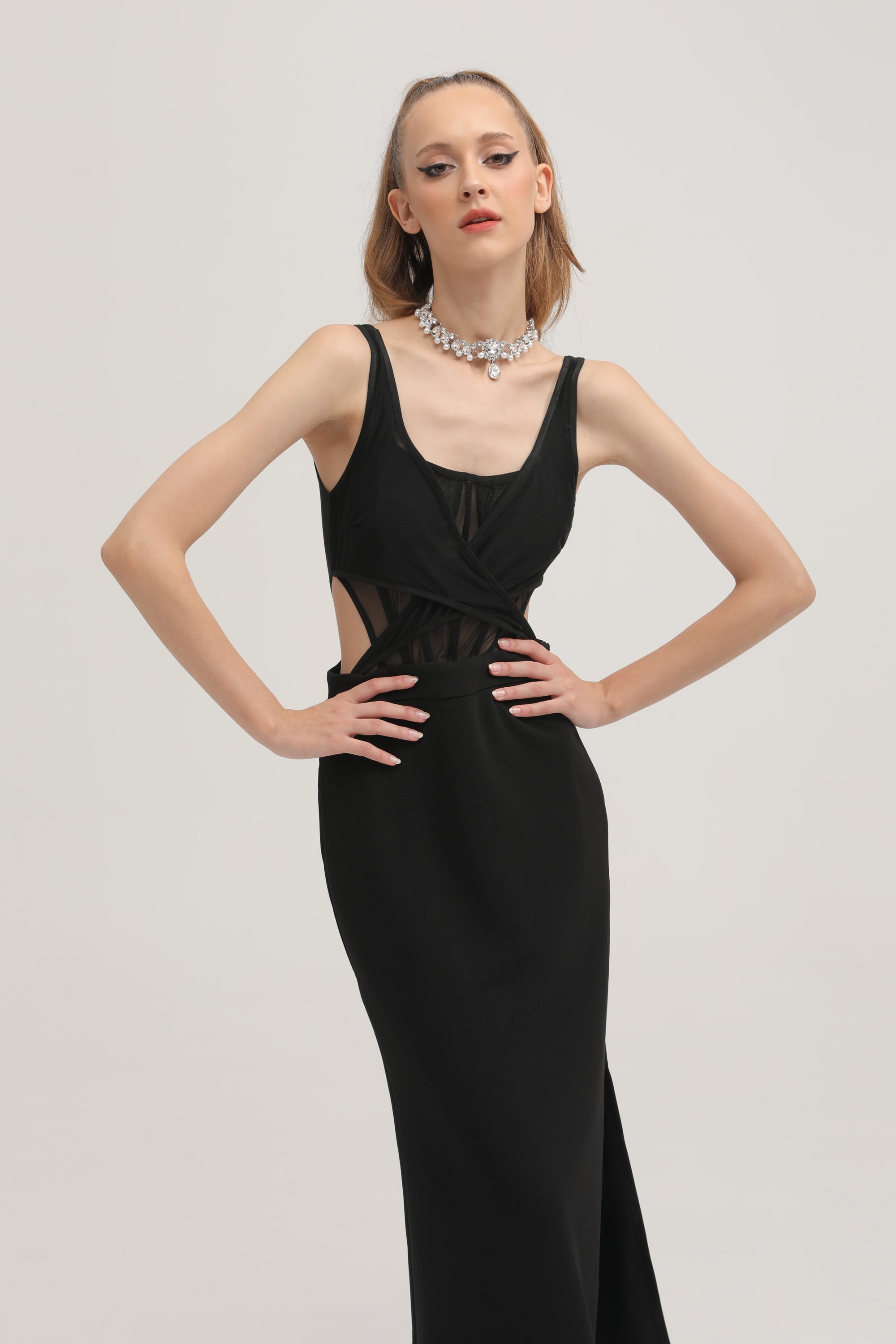 Amelie black semi-sheer midi dress