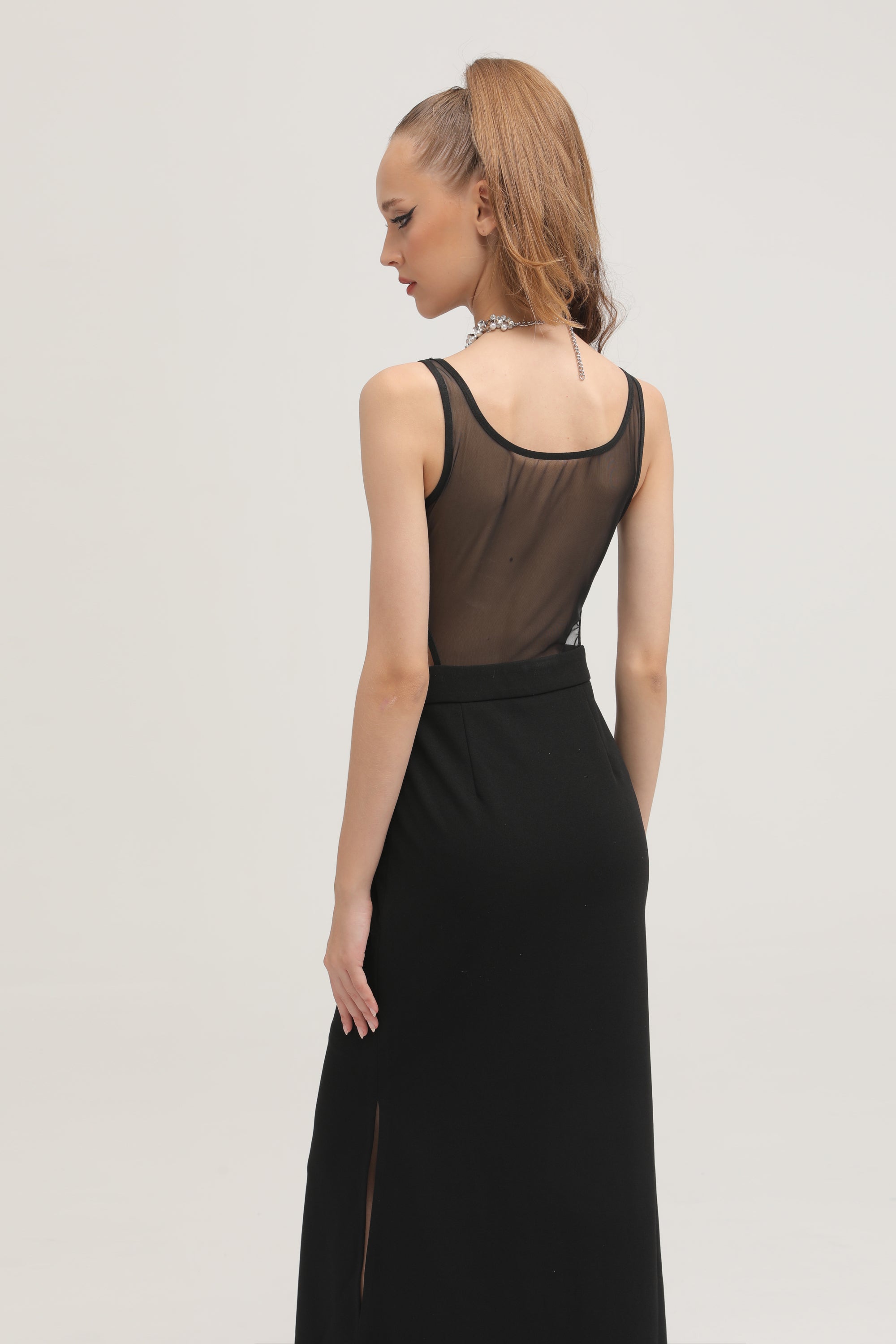 Amelie black semi-sheer midi dress