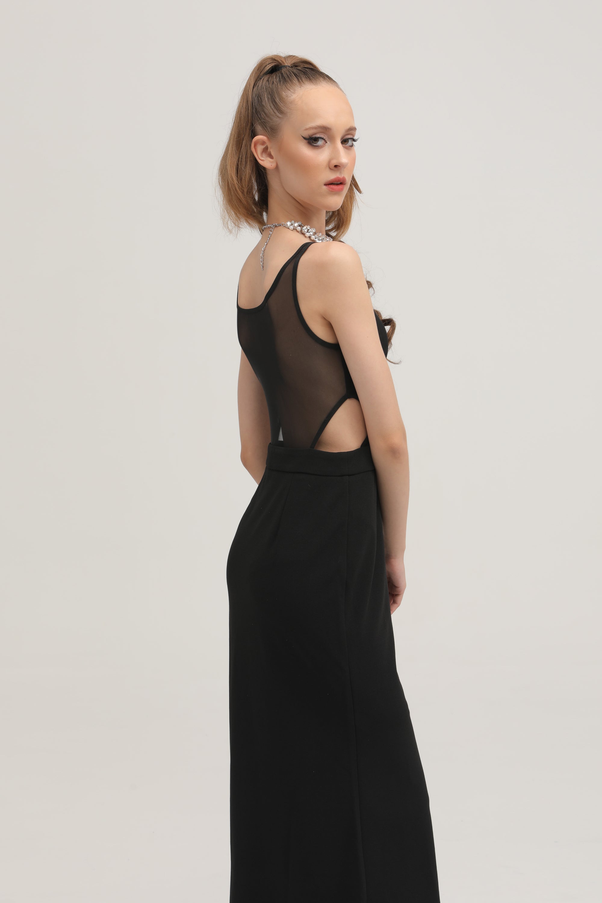 Amelie black semi-sheer midi dress