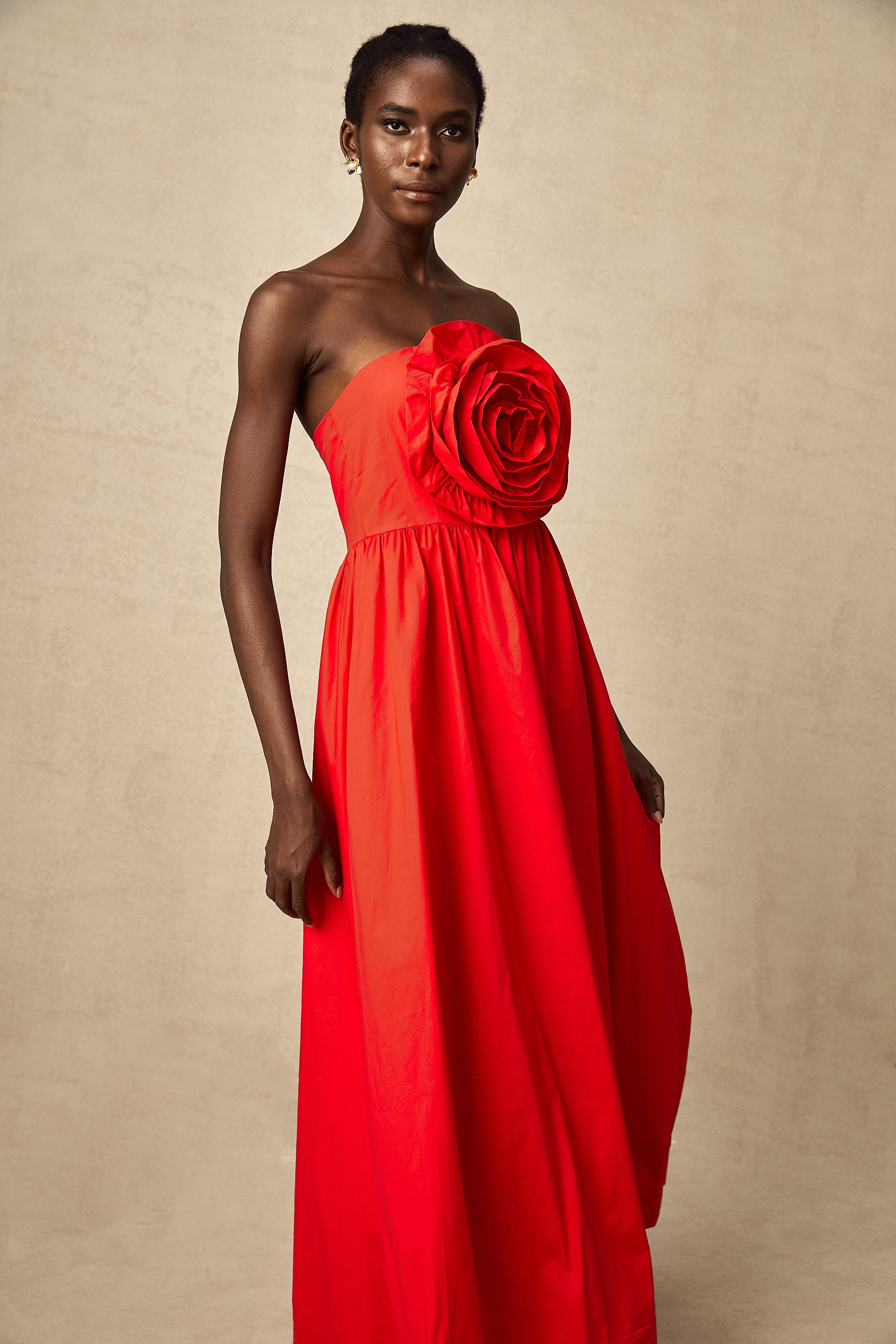 Assia red 3d-petal ruffled maxi dress