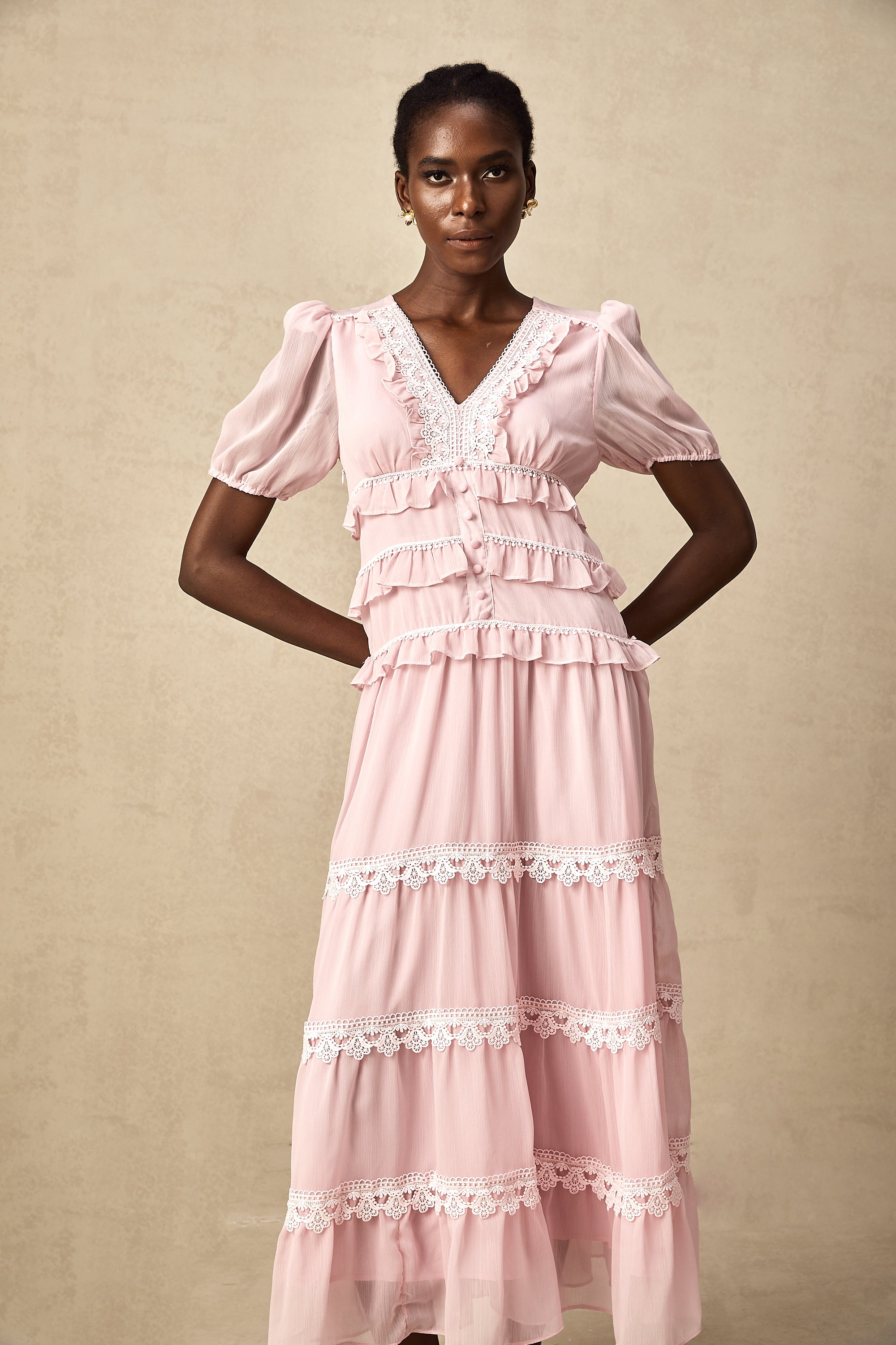 Amelie pink ruffled tiered midi dress