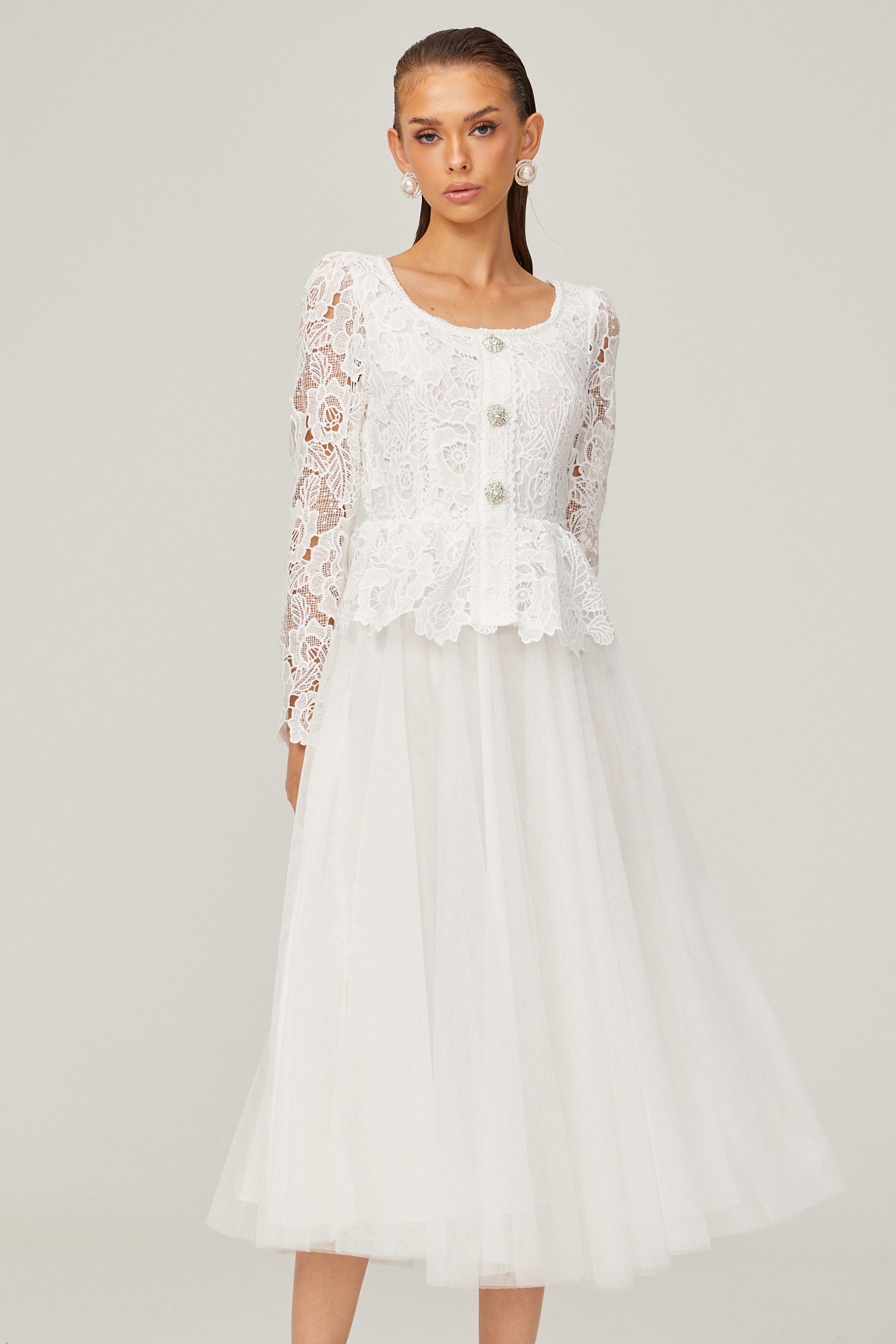 Gabrielle white peplum-waist tulle midi dress