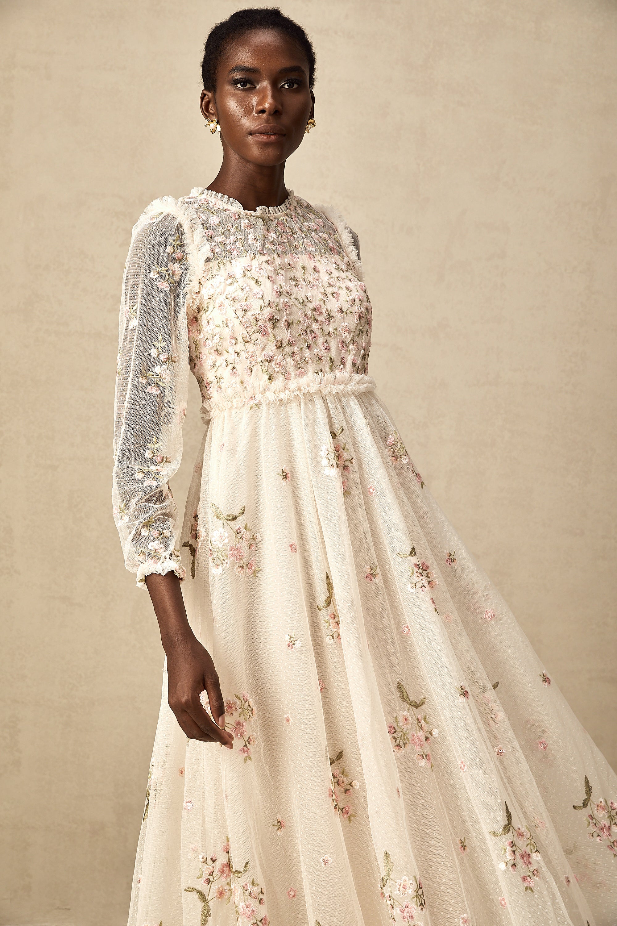 Celine floral-embroidery tulle midi dress