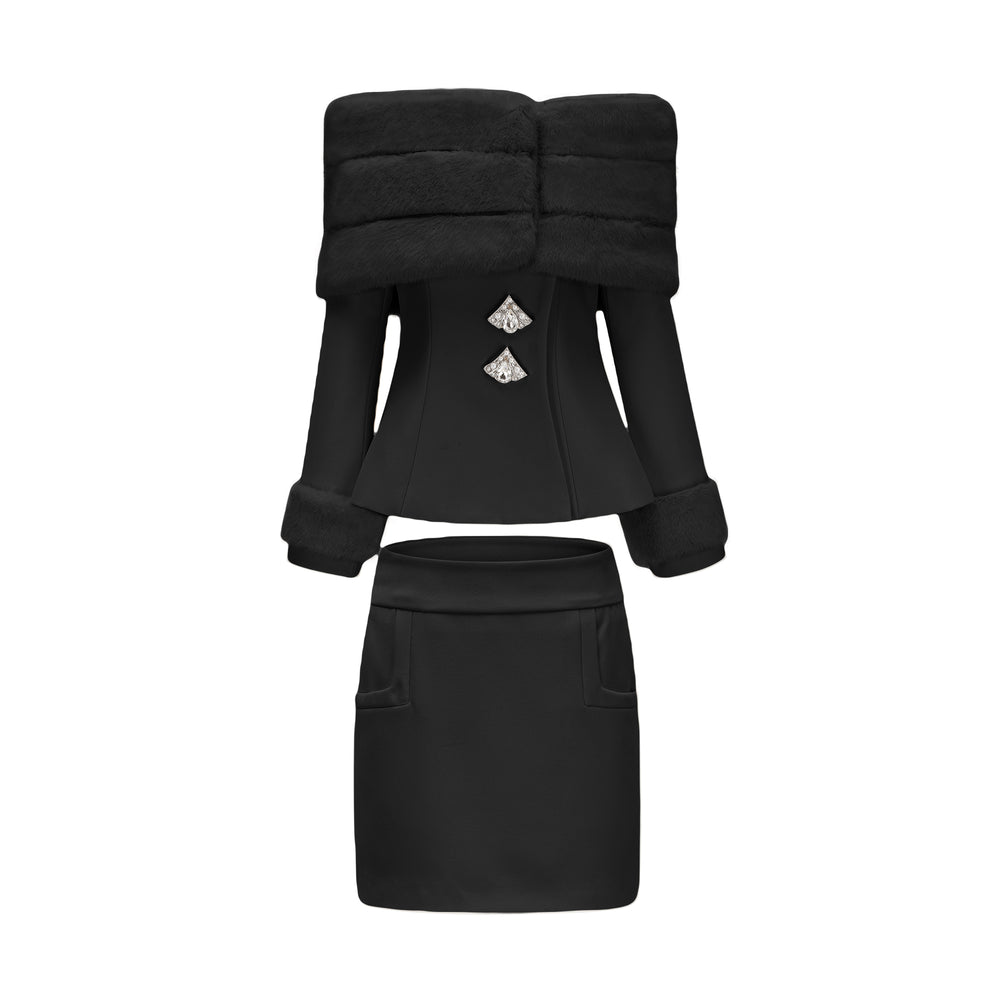 Off-White Blazer Skirt Set with Fur Detailing