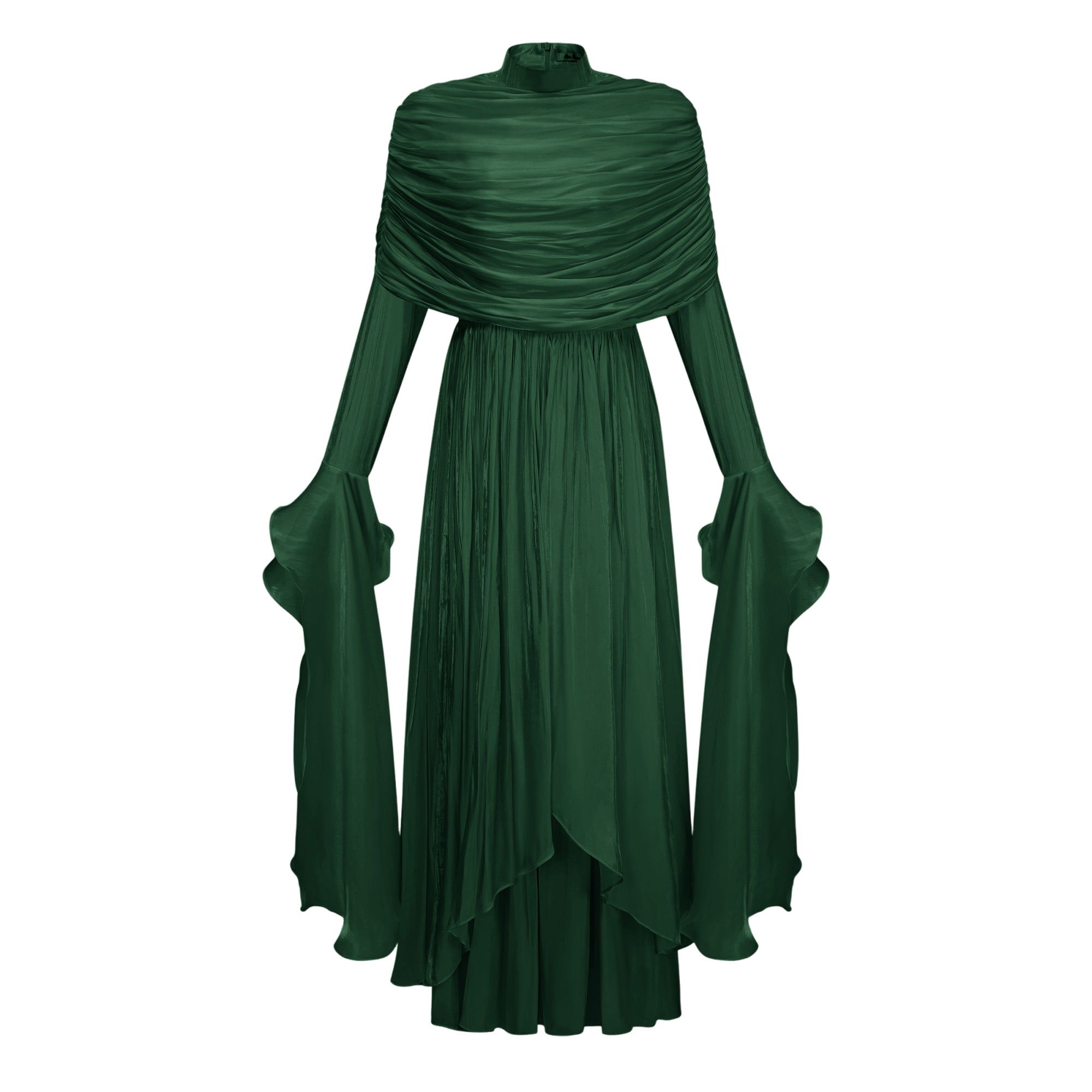 Gustave Green Ruched Cape Ruffled Maxi Dress