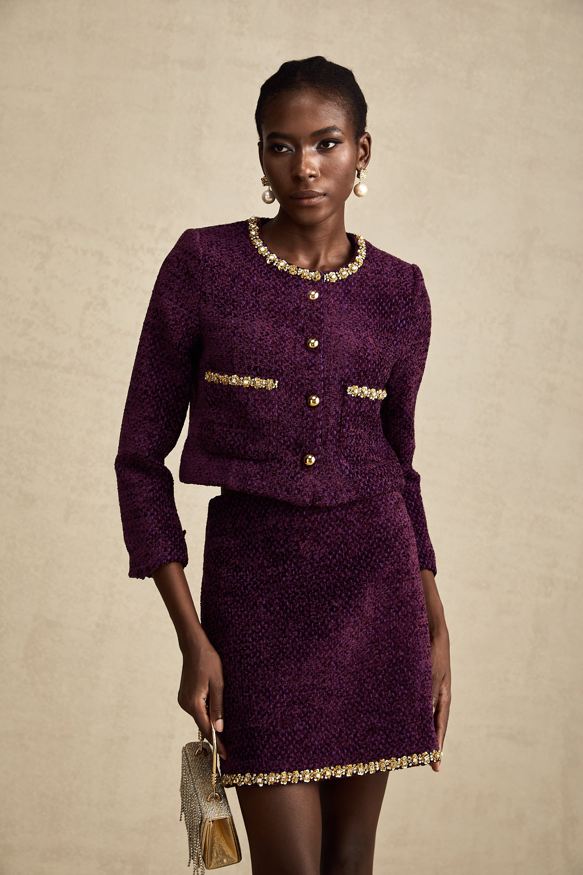 Elise purple crystal-trim tweed cardigan & skirt matching set