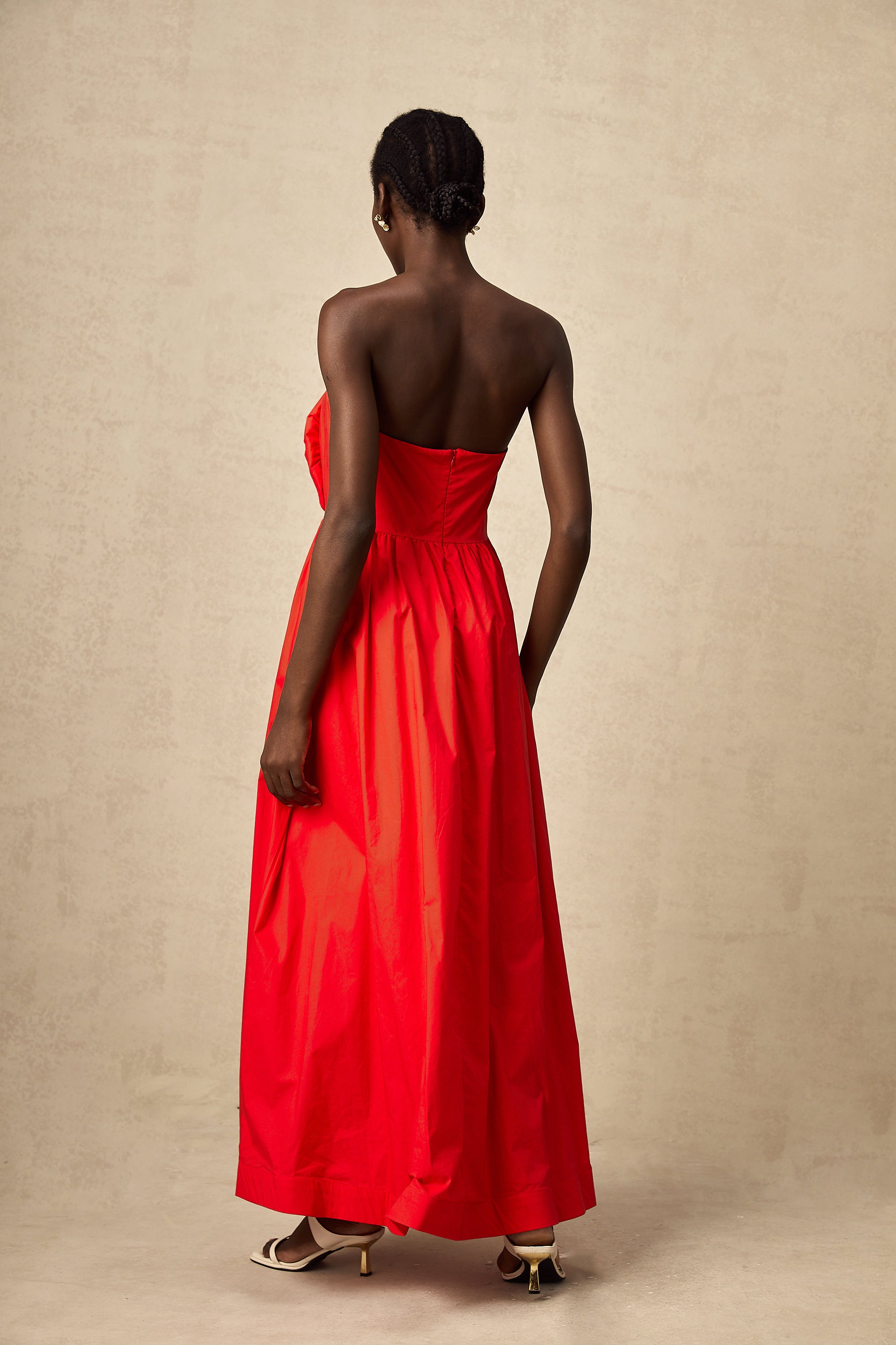 Assia red 3d-petal ruffled maxi dress