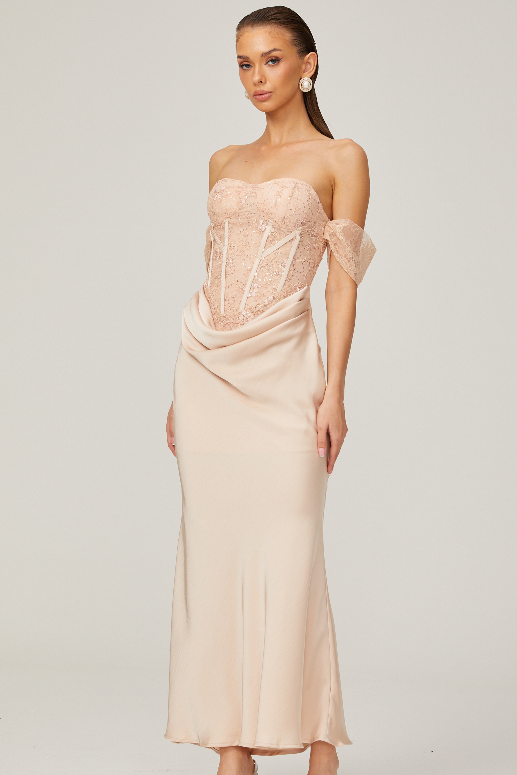 Ariane pink lace-panel draped midi dress