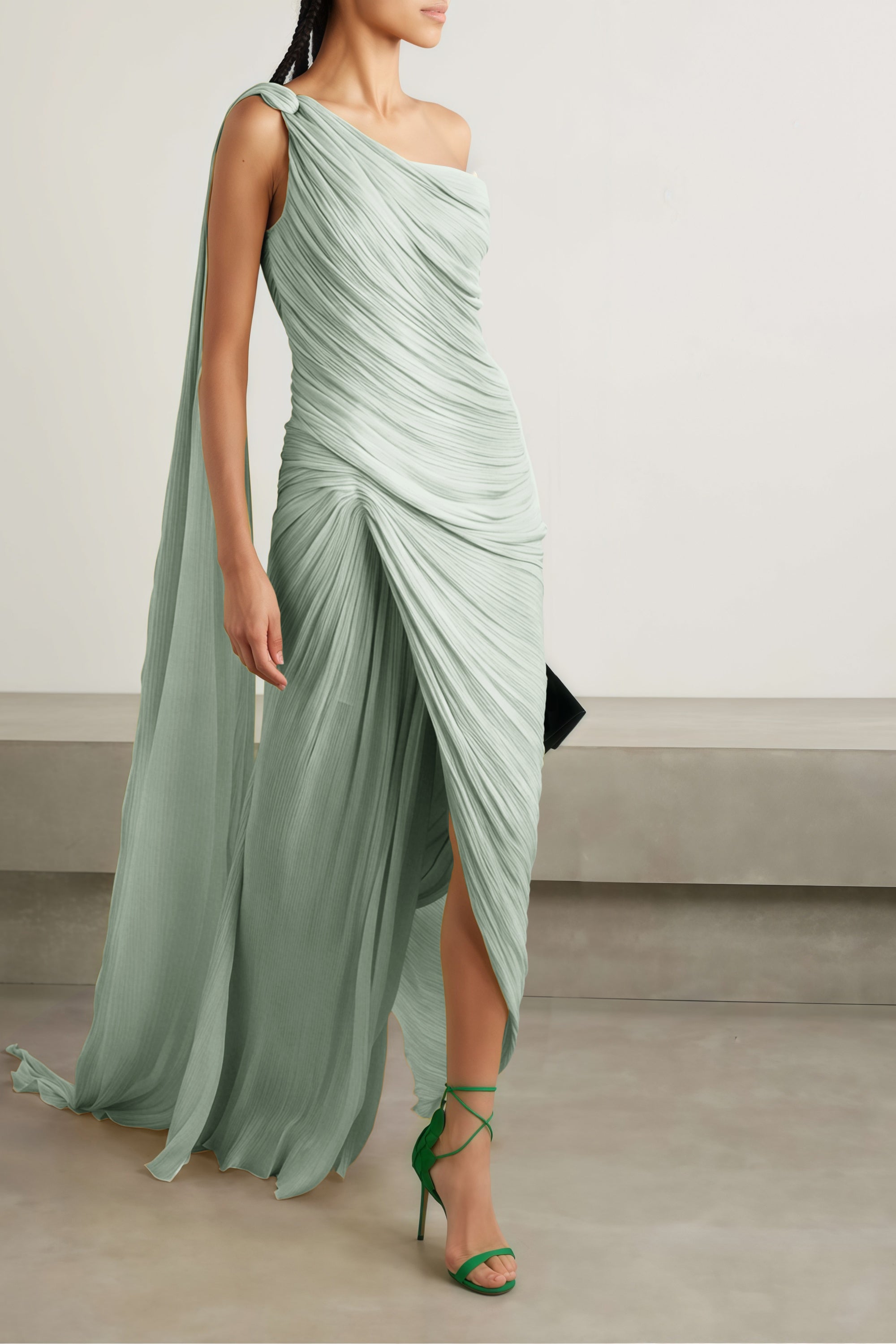 Meissa Green Asymmetrical Ruched Maxi Dress
