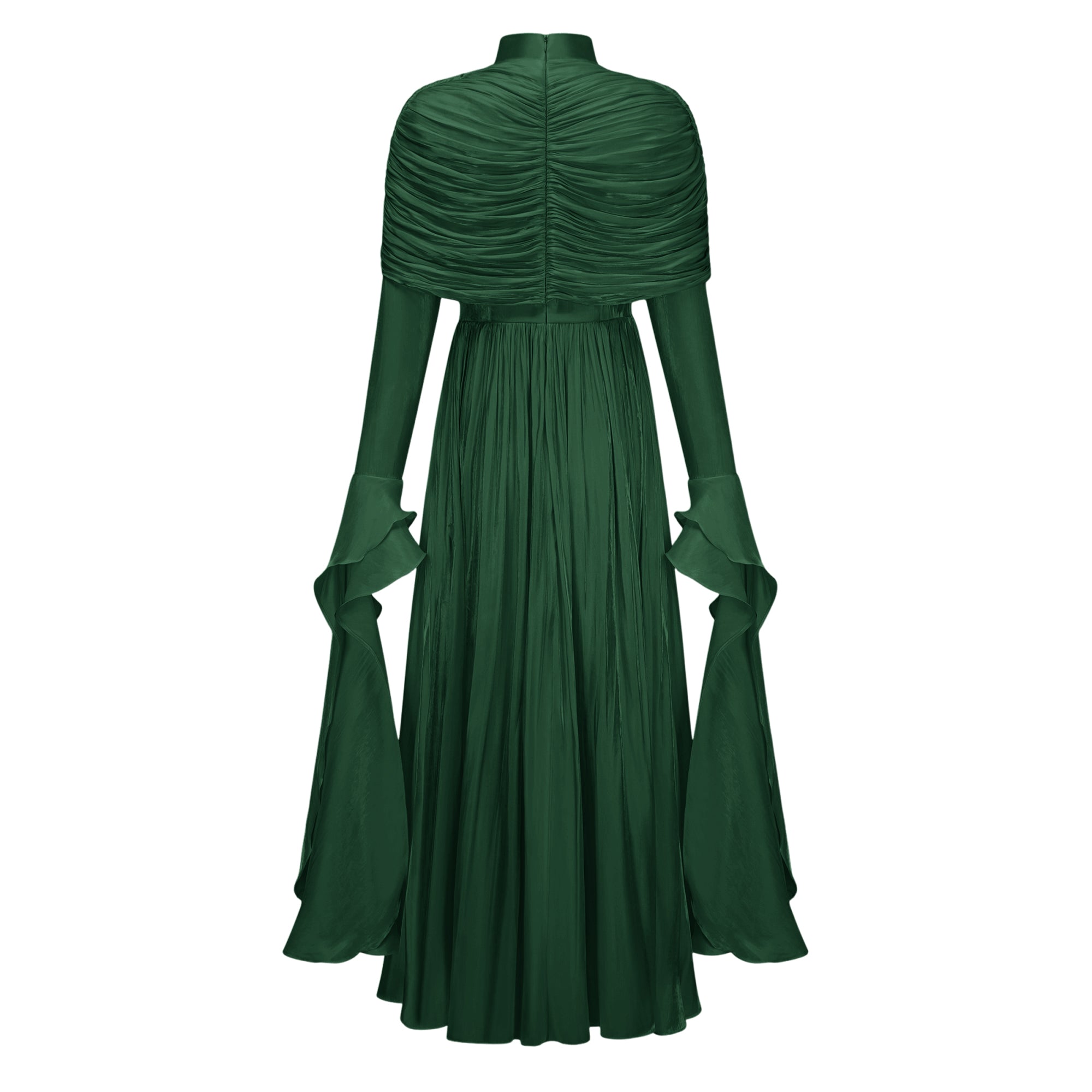Gustave Green Ruched Cape Ruffled Maxi Dress