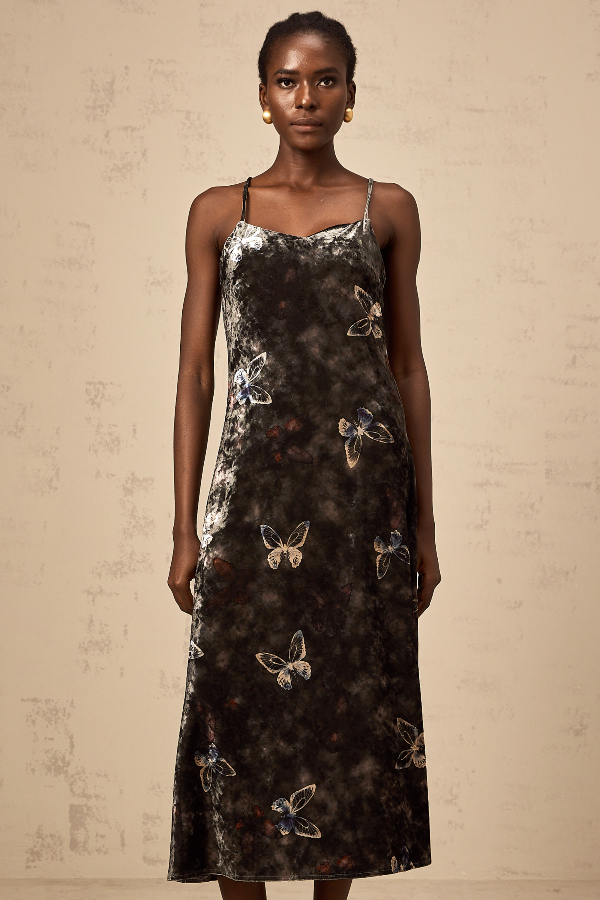 Blanche black butterfly-print velvet midi dress