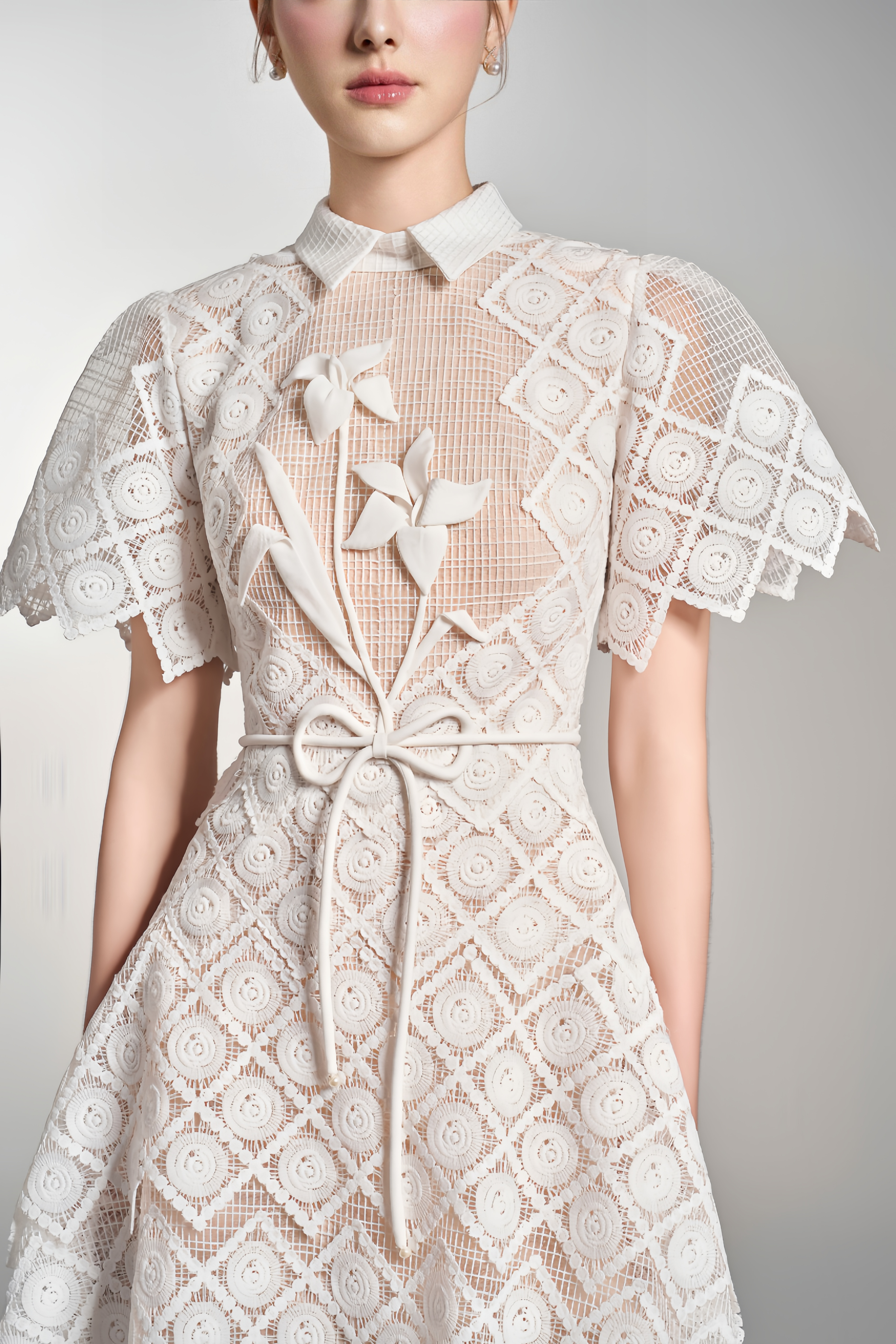 فستان ياسمين ميدي أبيض مطرز بالورود