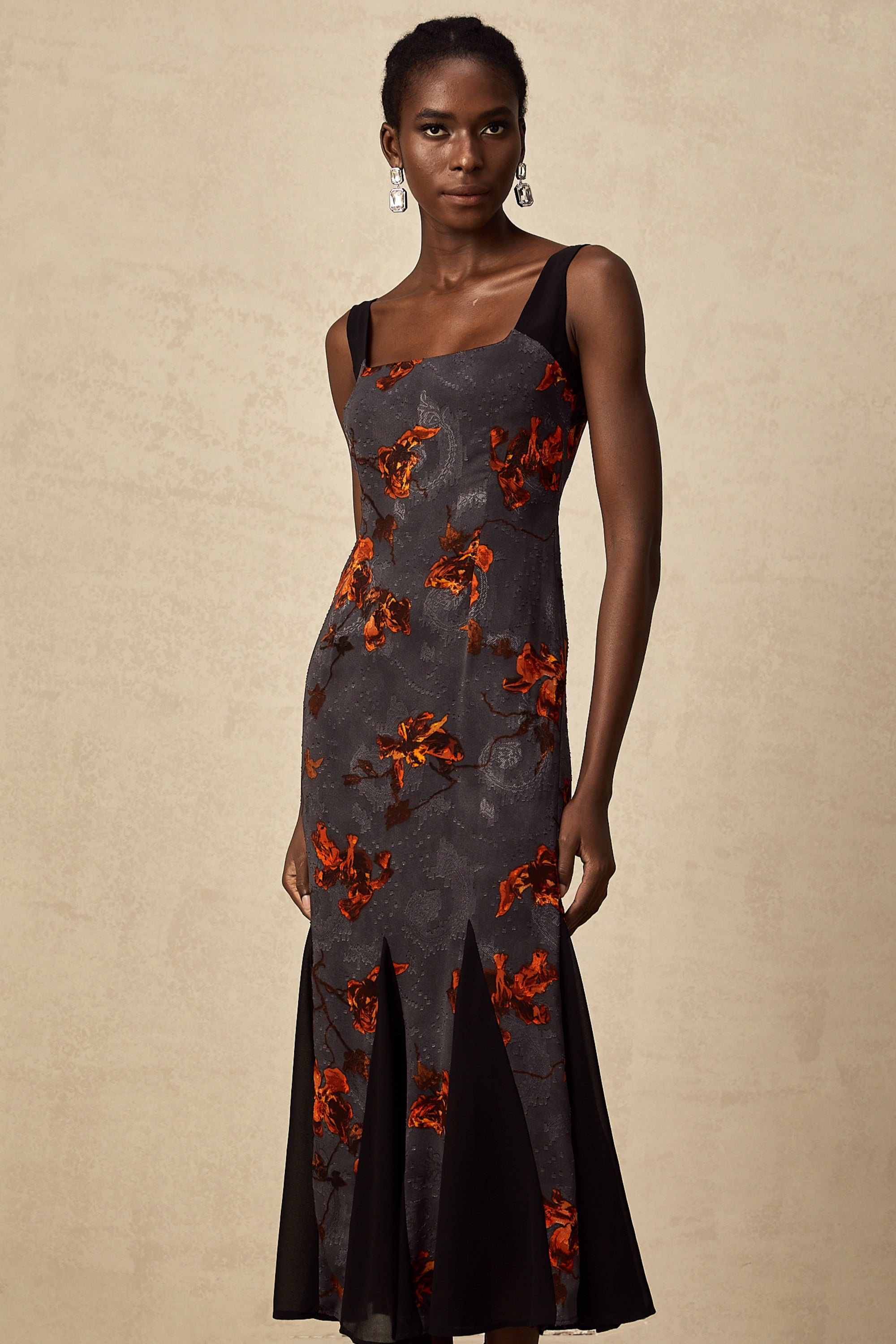 Christina floral-jacquard godet midi dress