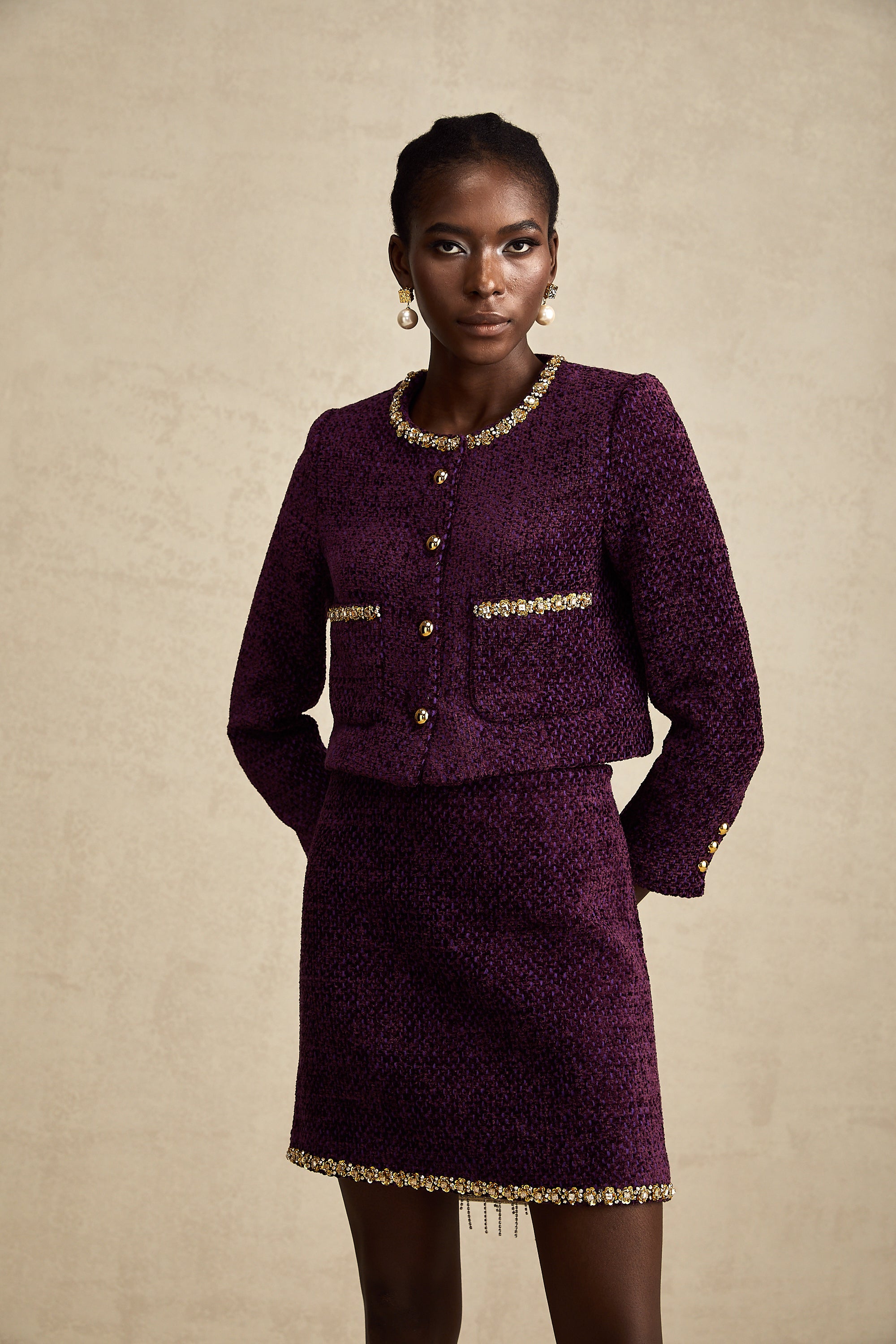 Elise purple crystal-trim tweed cardigan & skirt matching set