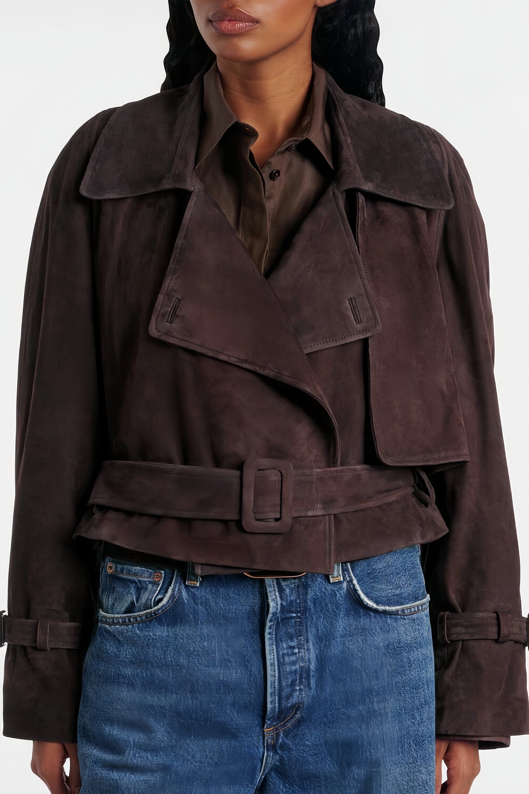 Esperanza Brown Belted Suede Short Biker Jacket