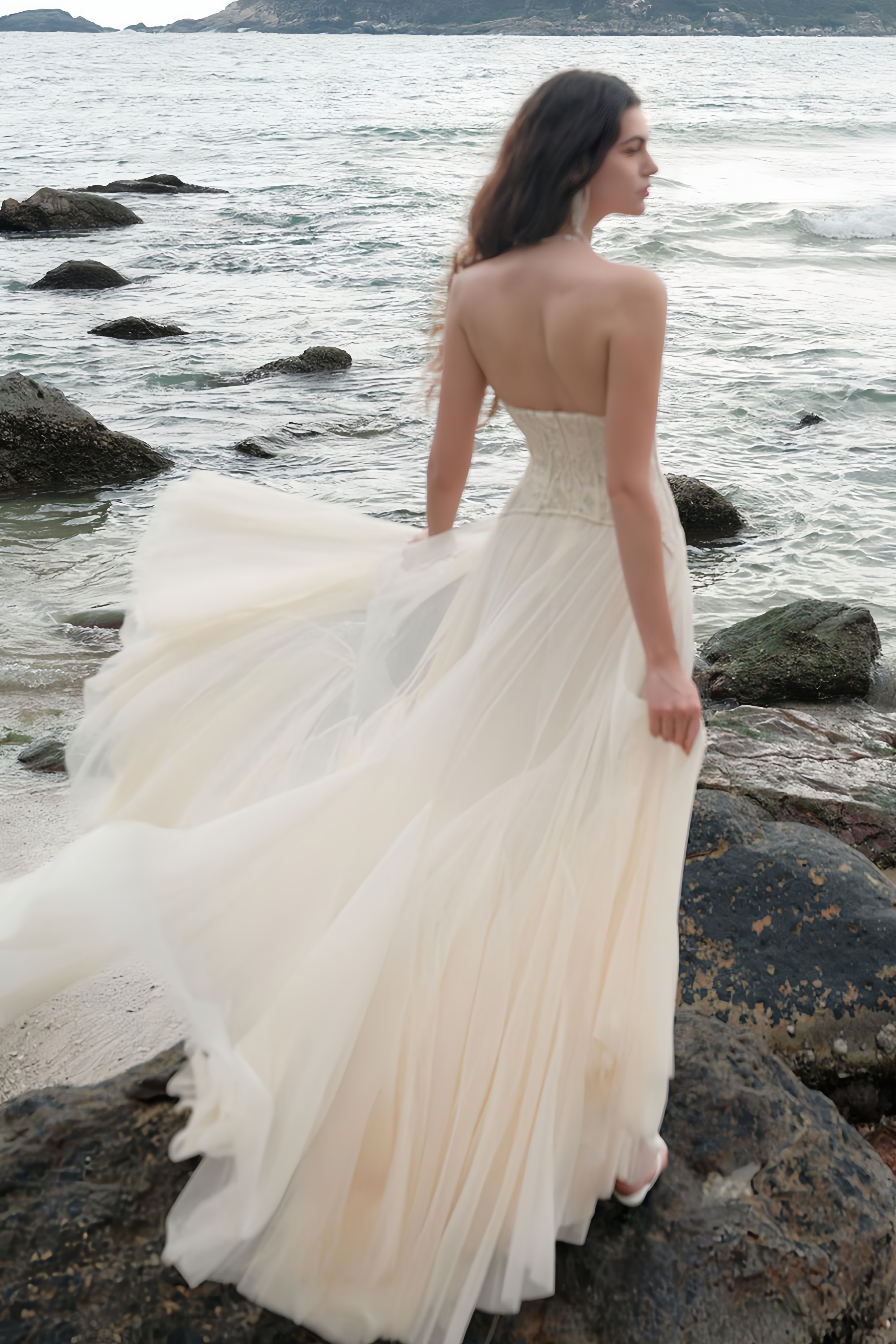 Ulrique Beige Lace Corset Tulle Maxi Dress