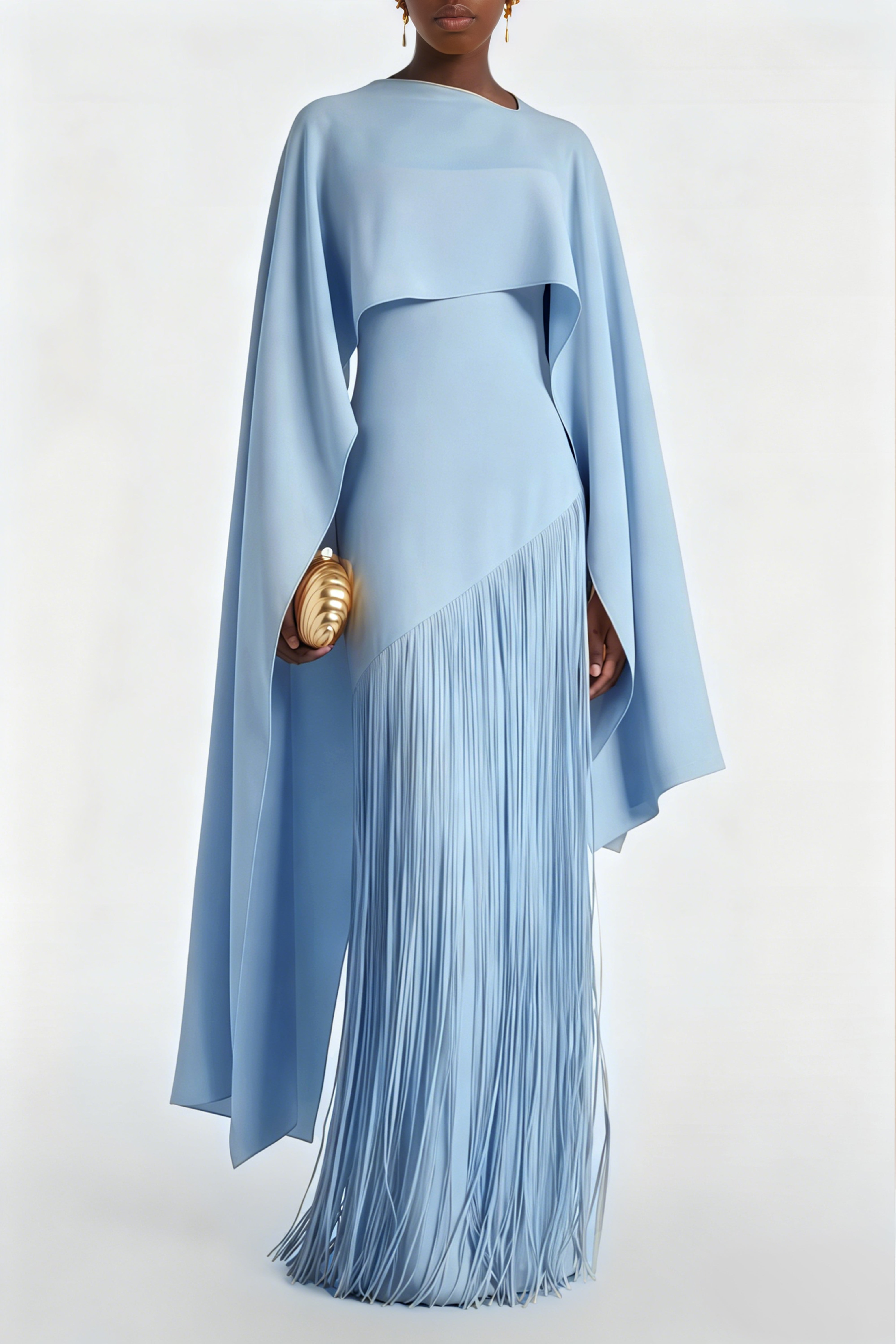 فستان ماكسي من كايتانا باللون الأزرق الياقوتي مع حواف وبتصميم يشبه الرداء