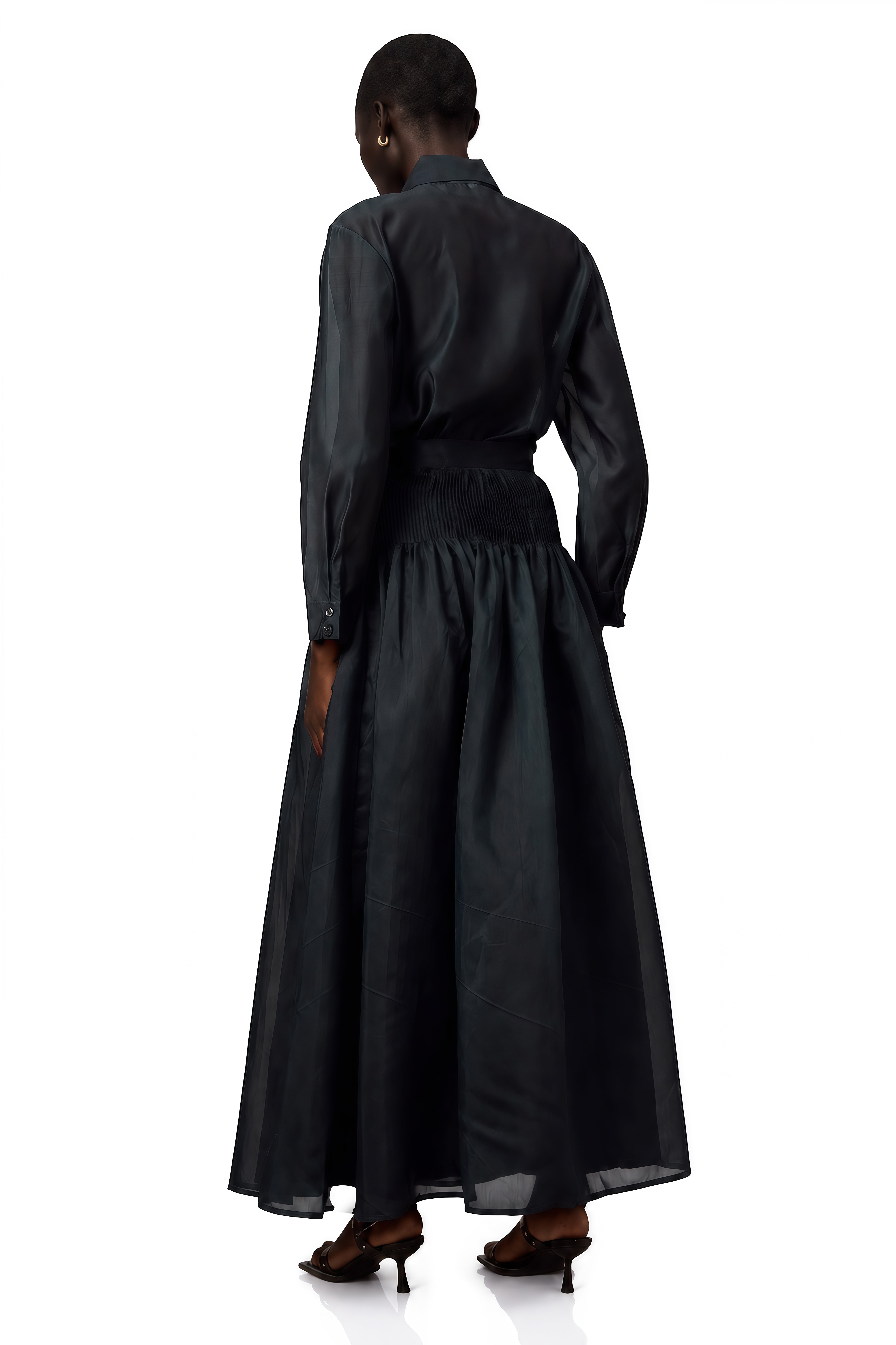 Zoé Dark-Green Ribbon Tie-Neck Shirt & Skirt Matching Set