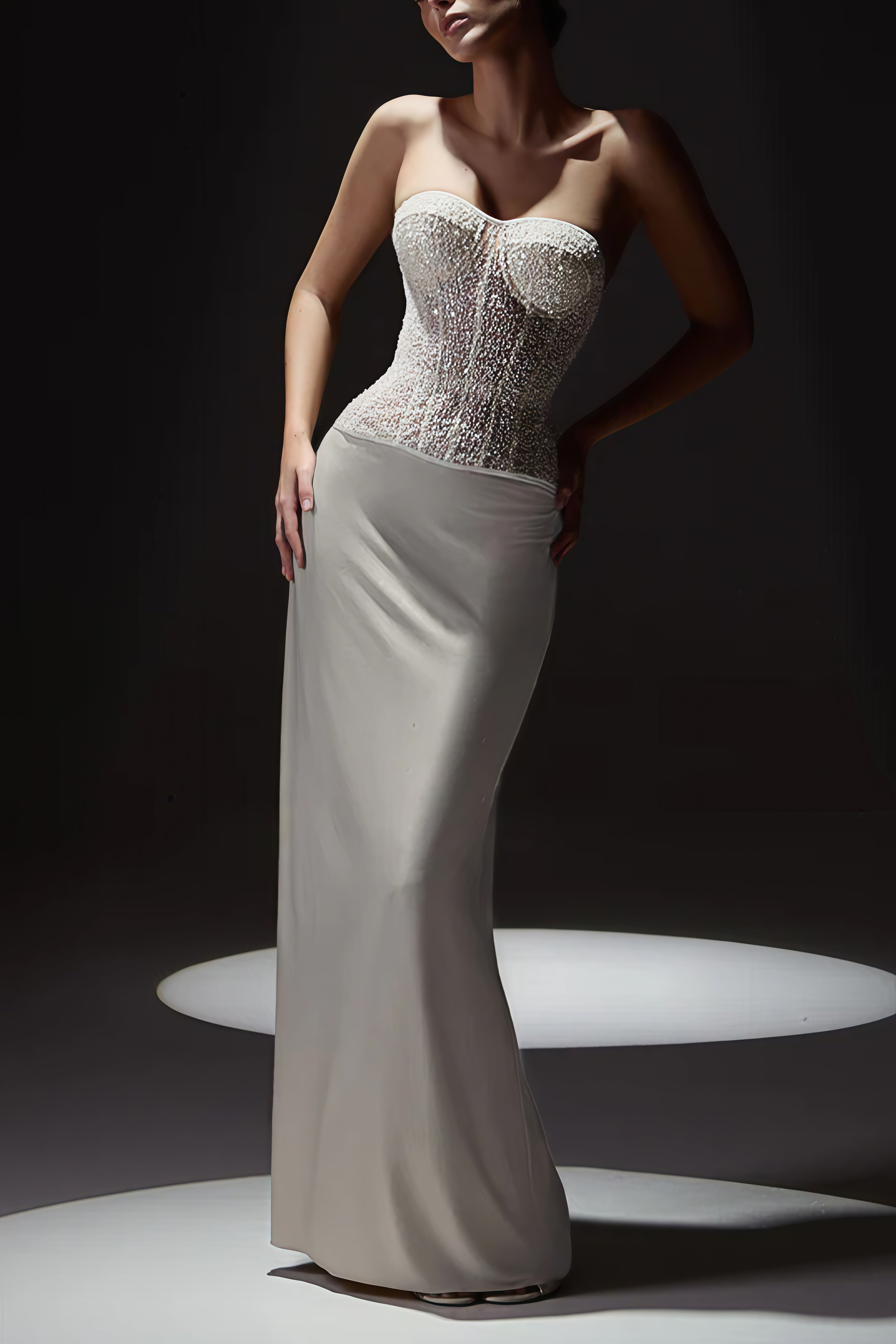 Zora White Sequin Corset Top & Satin Skirt Set