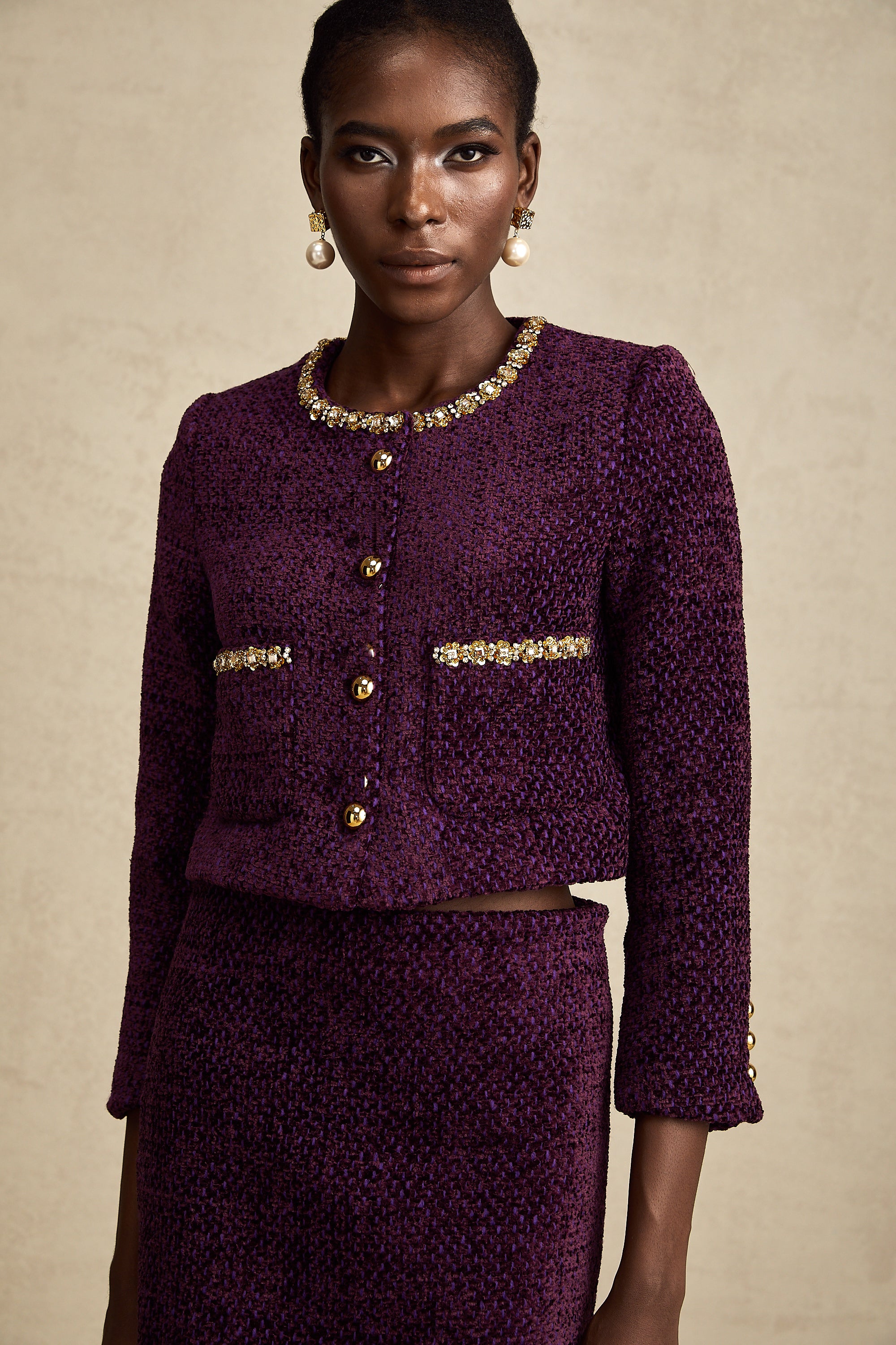 Elise purple crystal-trim tweed cardigan & skirt matching set