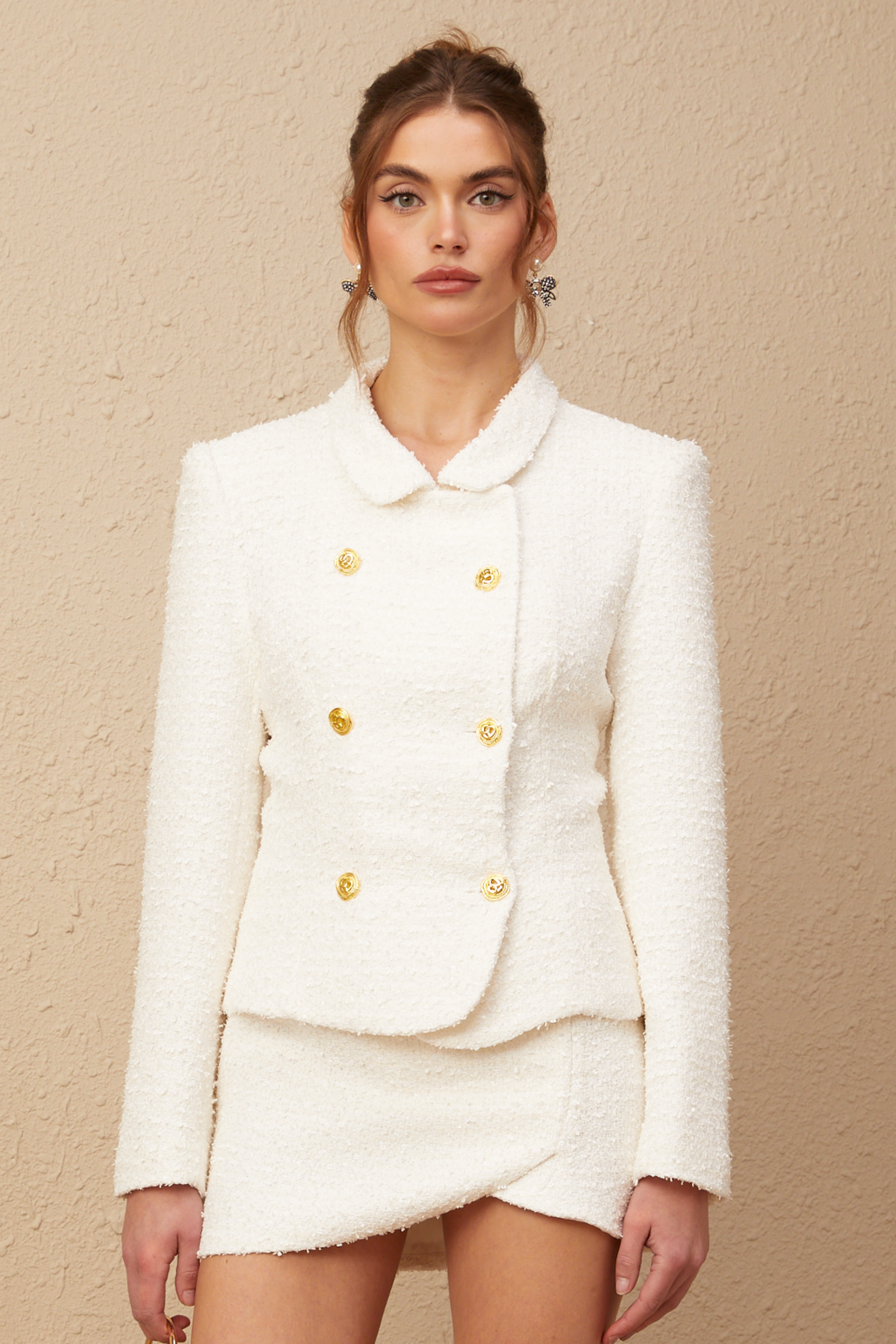 Carlotta white double-breasted tweed jacket & skirt matching set